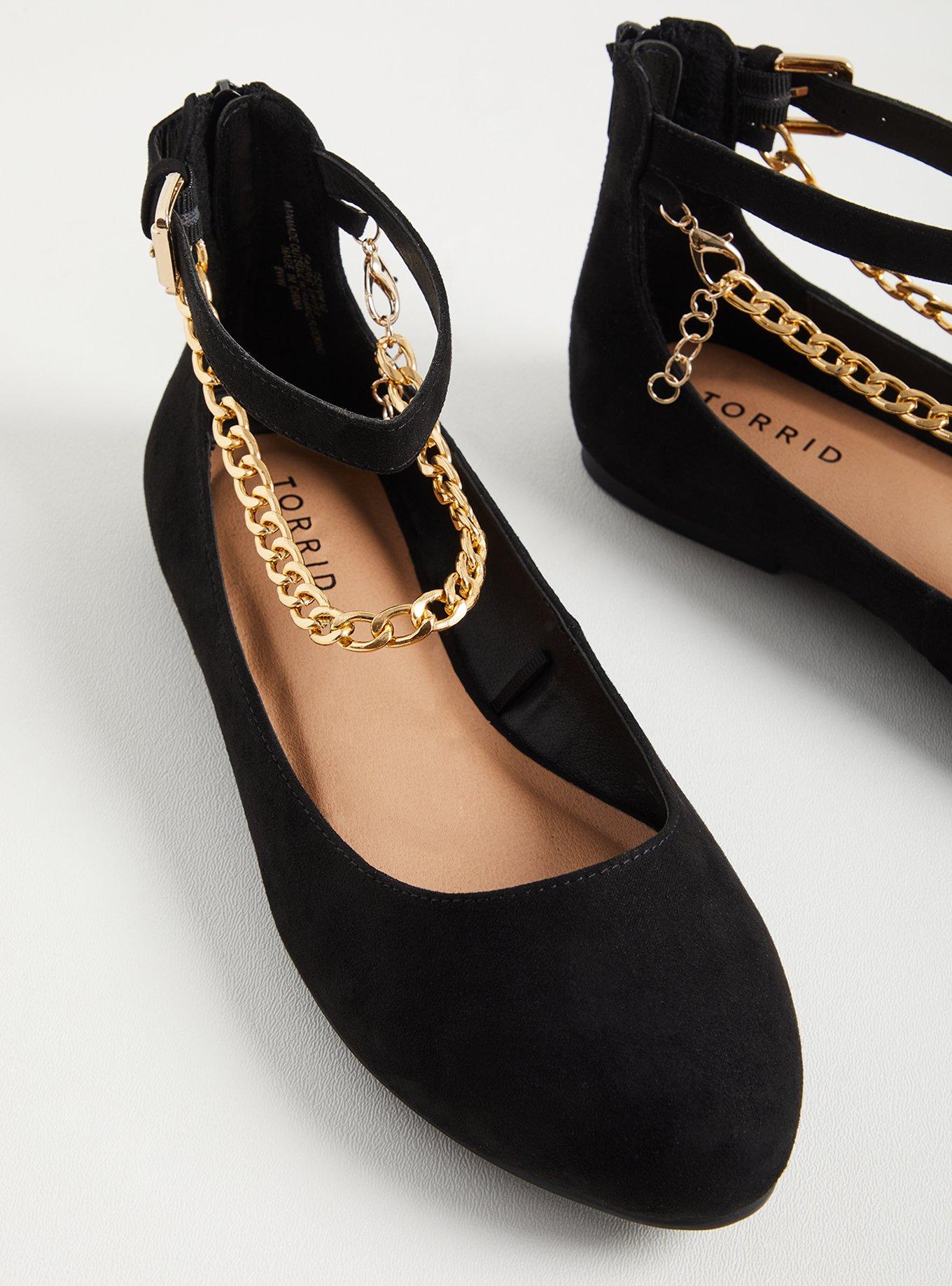 Plus Size Ankle Chain Flat - Faux Suede Black (WW), BLACK, alternate