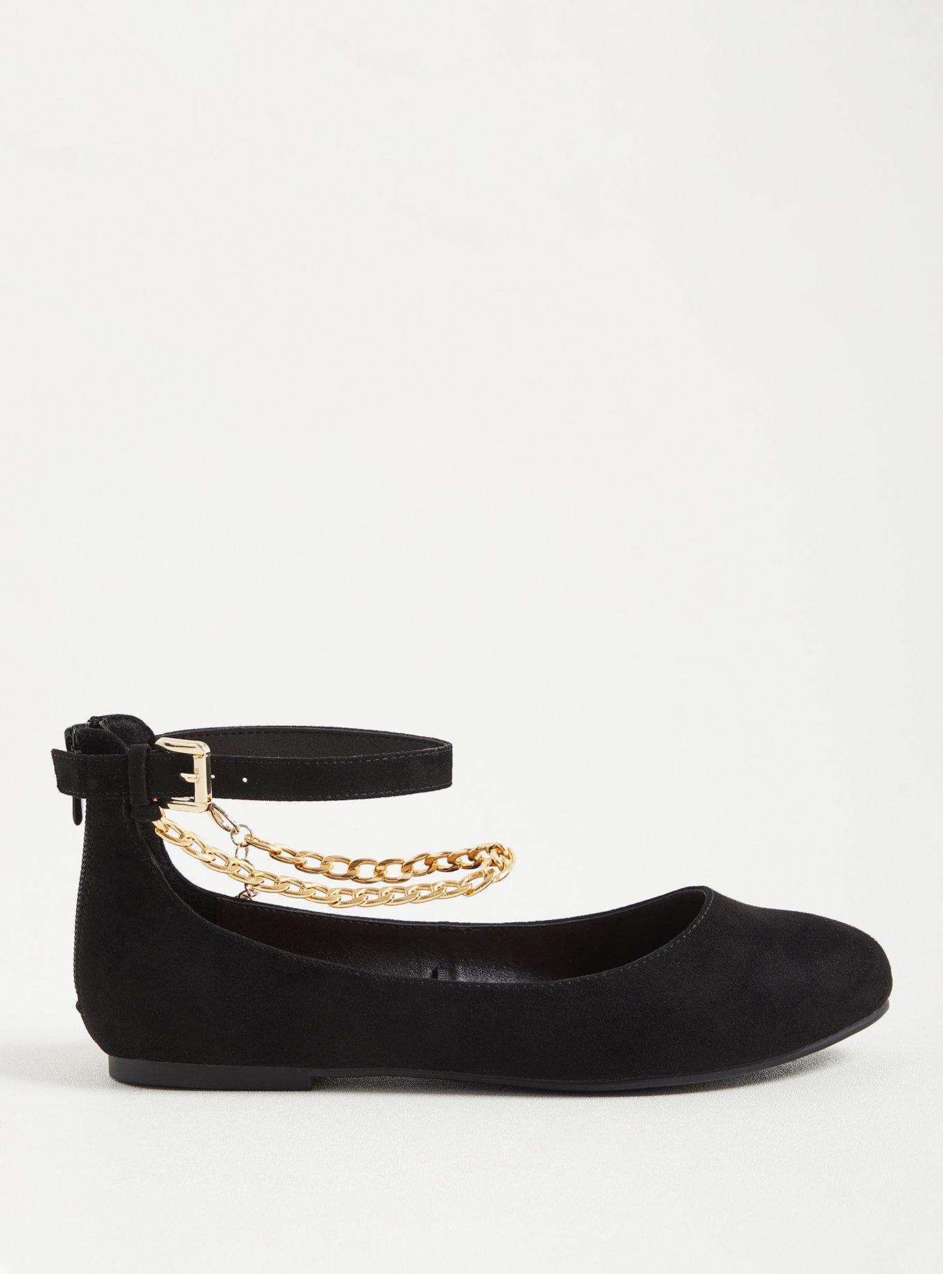 Plus Size Ankle Chain Flat - Faux Suede Black (WW), BLACK, alternate