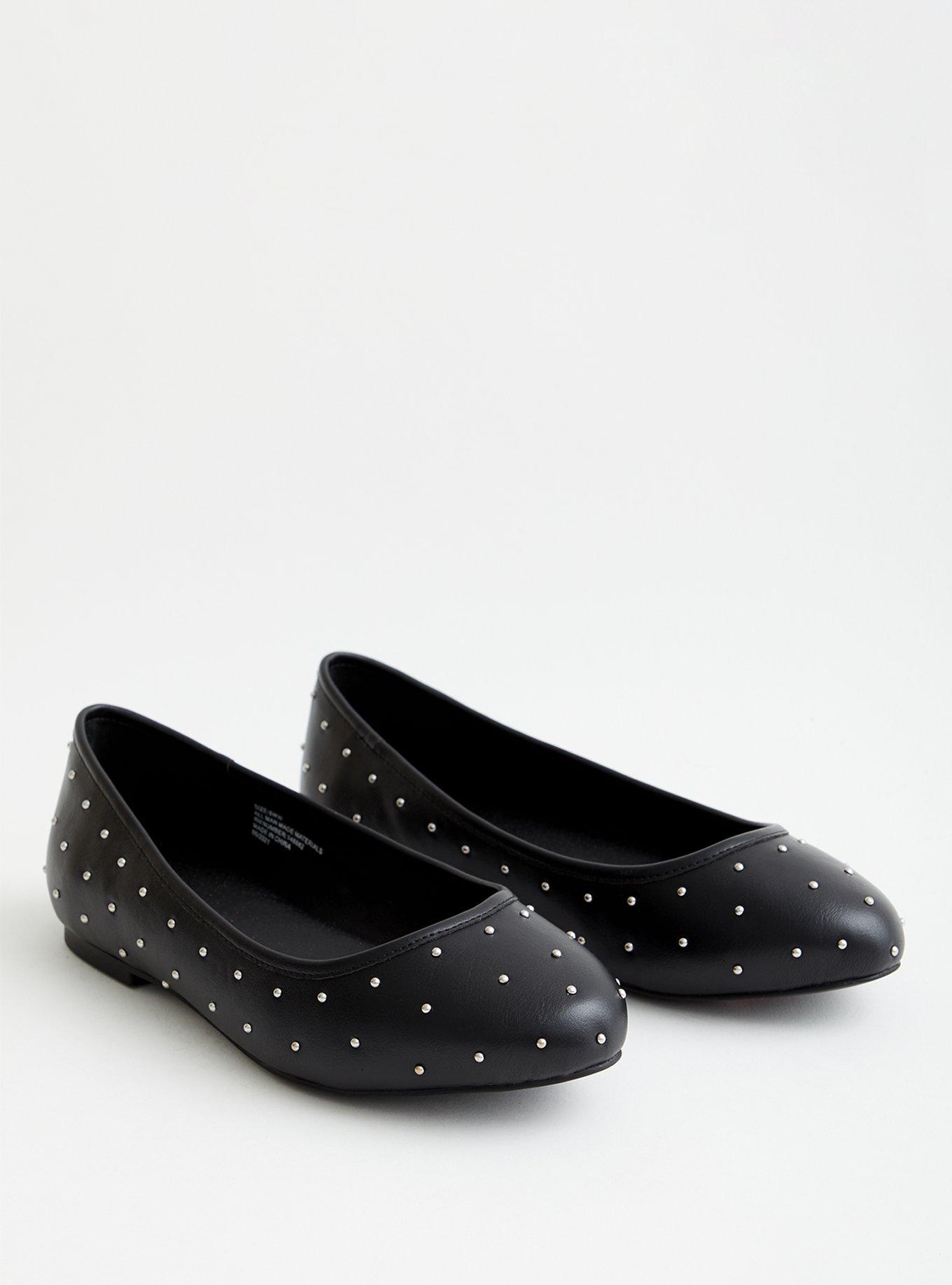 Studded Ballet Flat - Black Faux Leather (WW), BLACK, hi-res