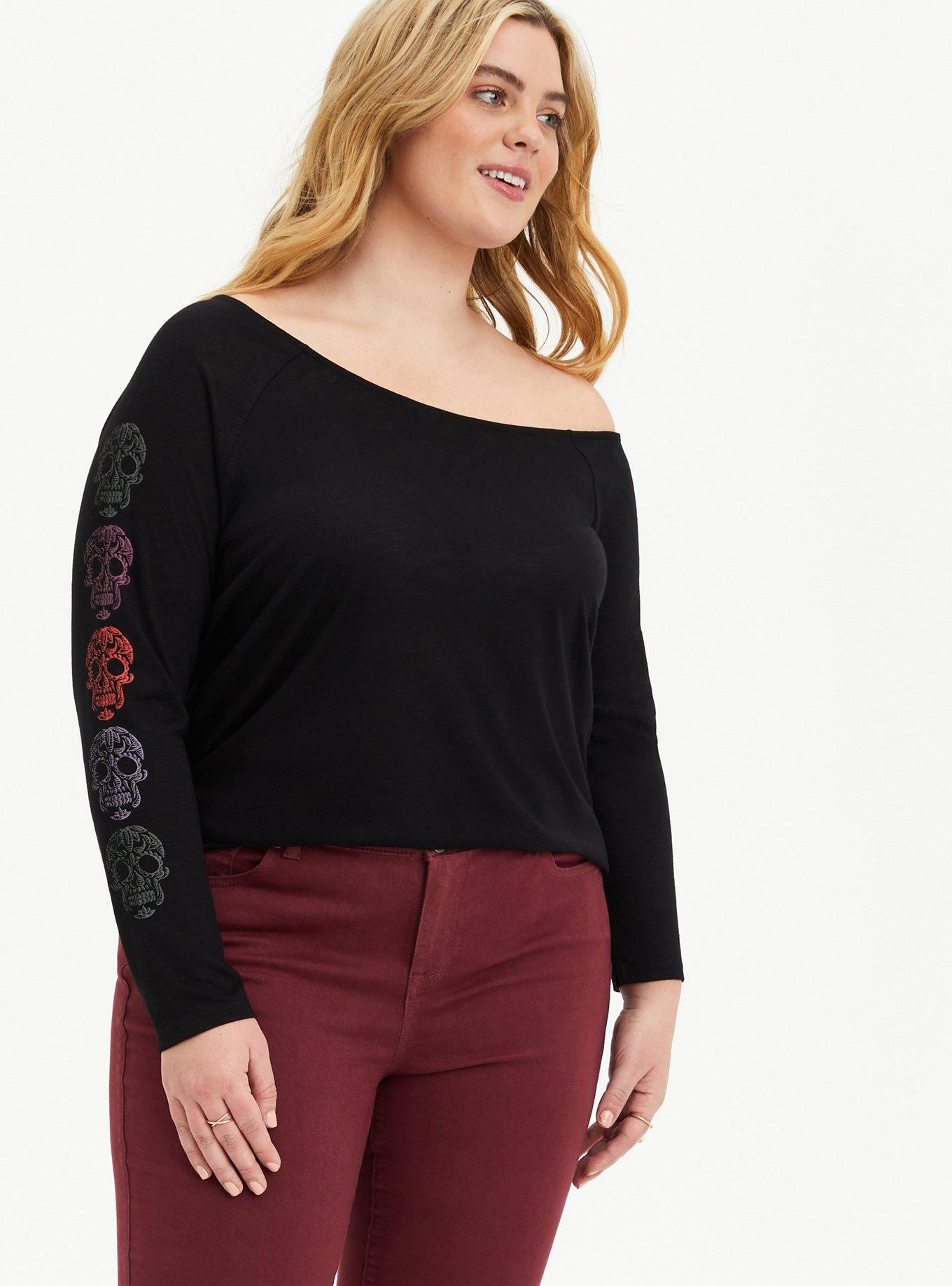 Off Shoulder Top-Black Skull, , hi-res