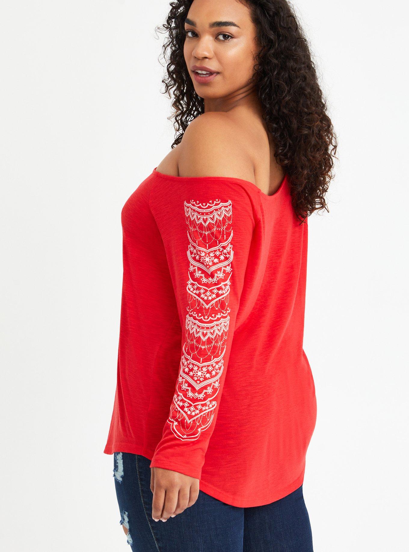 Plus Size Henna Off Shoulder Top - Red, TOMATO RED, alternate