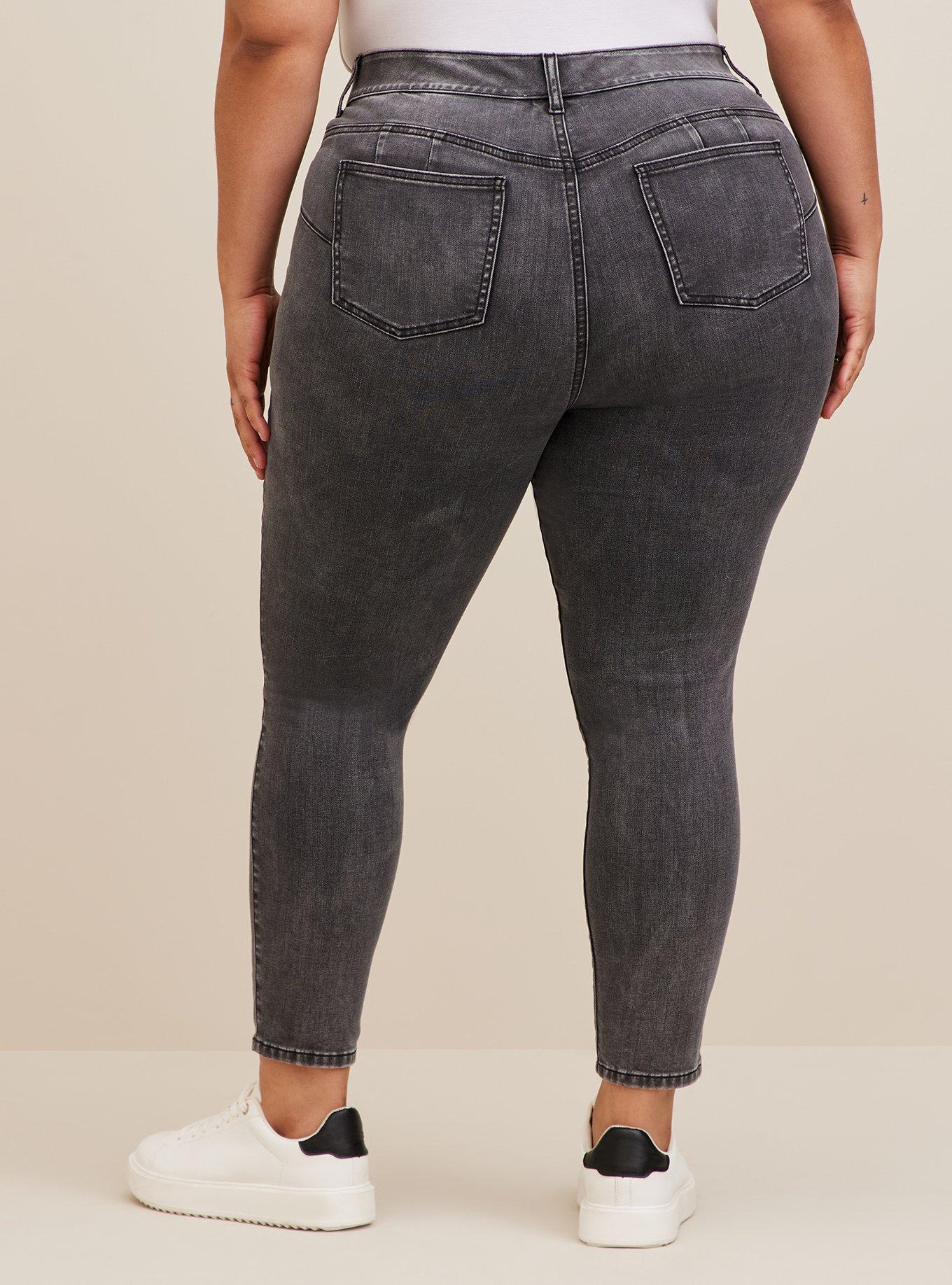 Dark grey split-hem High Waisted Jeans with exposed fly buttons