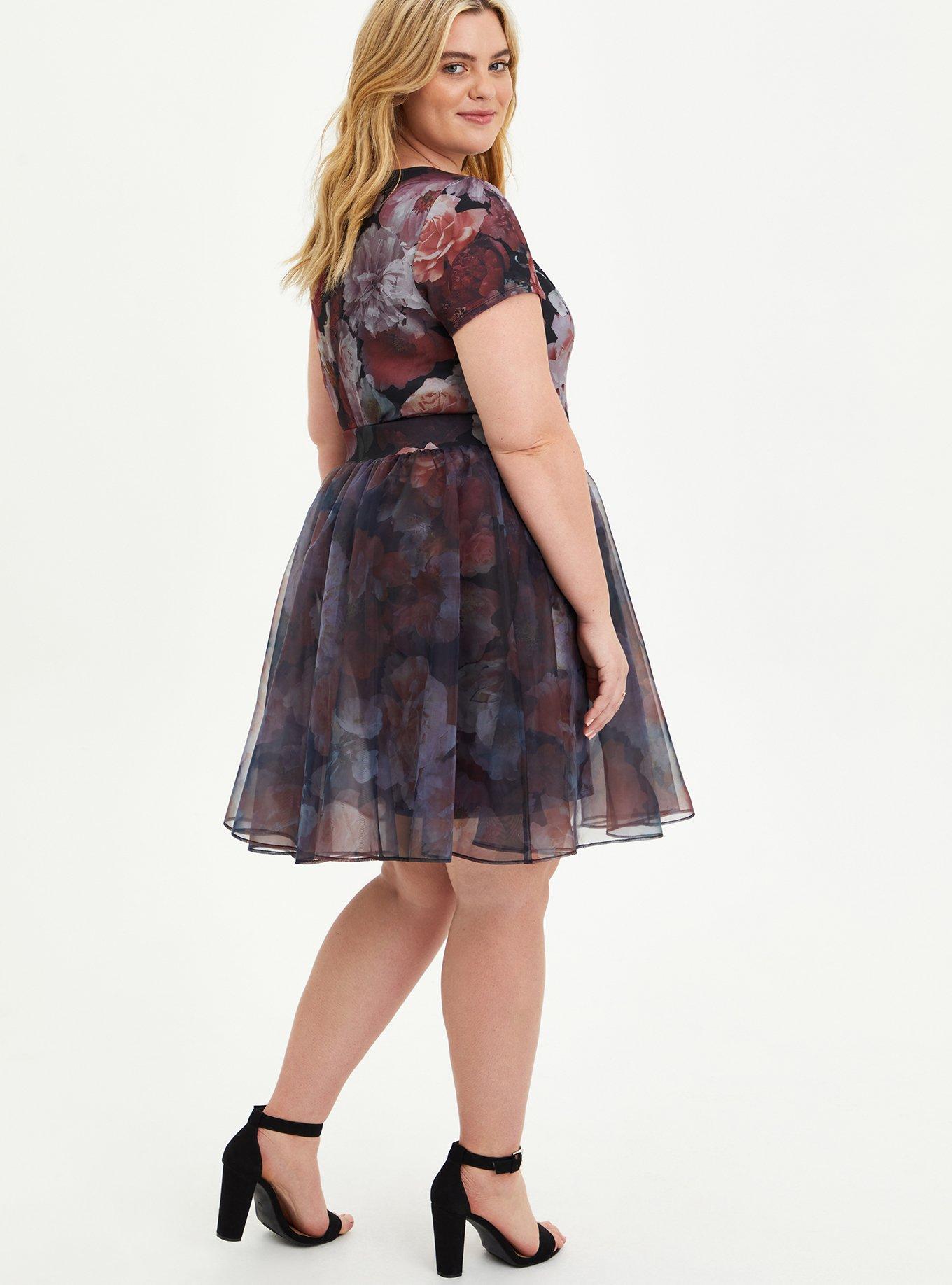 Plus Size Convertible Scuba Skater Dress Organza Floral Black Torrid