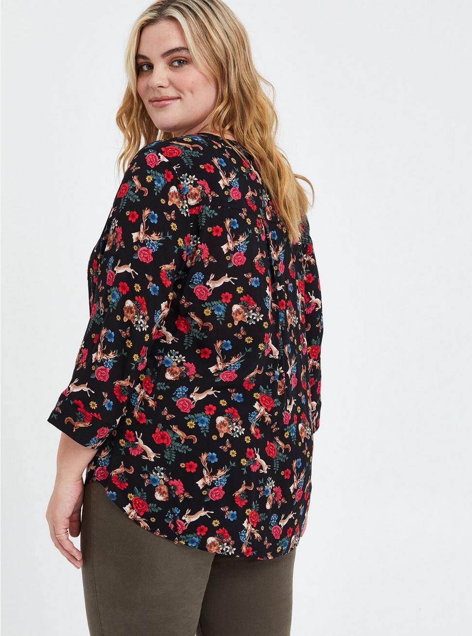 Plus Size - Harper Pullover Blouse - Challis Animal & Floral Black - Torrid