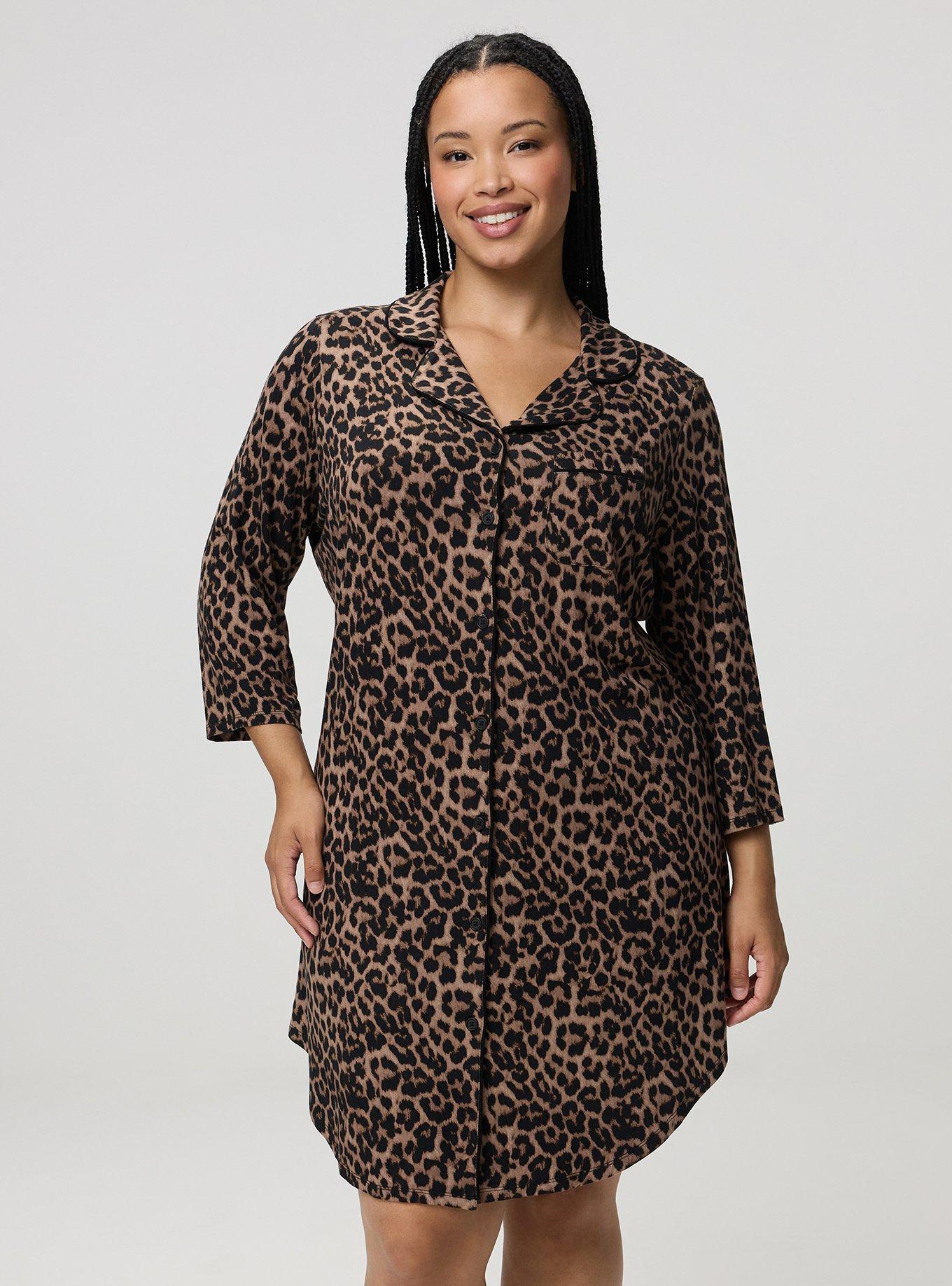 Super Soft Button-Down Sleep Gown, ON THE PROWL LEOPARD BROWN, alternate