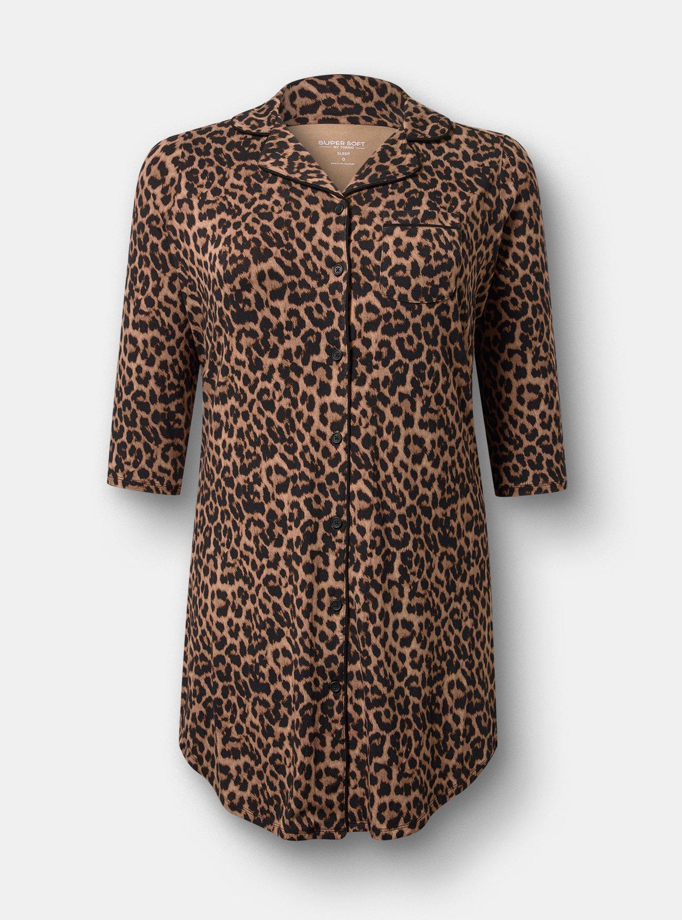Super Soft Button-Down Sleep Gown, ON THE PROWL LEOPARD BROWN, flat