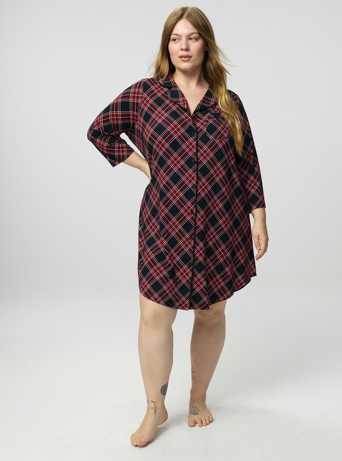 Super Soft Button-Down Sleep Gown, SHALL WE PLAID BLACK, alternate
