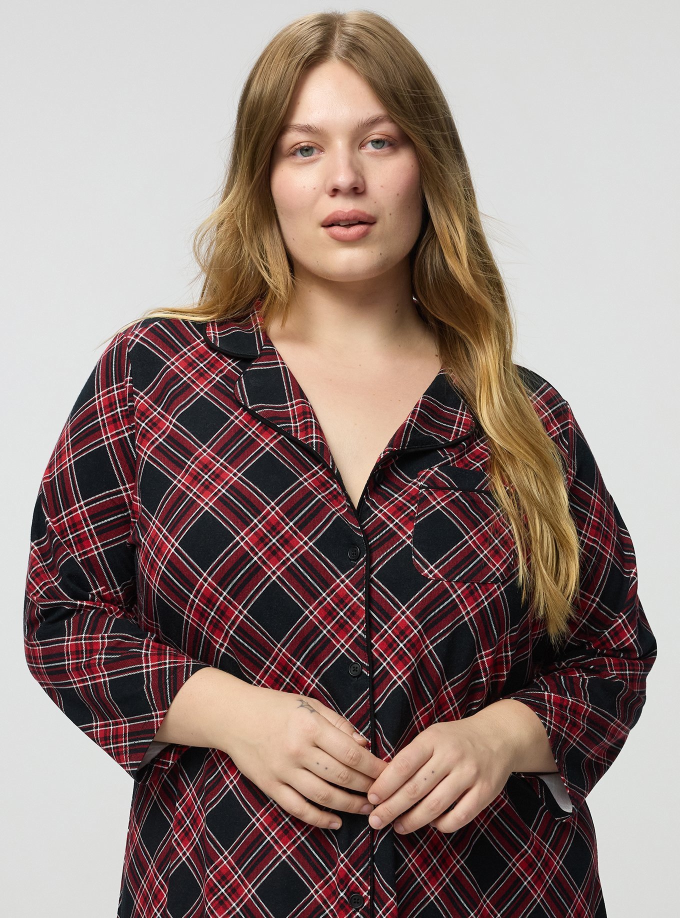 Super Soft Button-Down Sleep Gown, SHALL WE PLAID BLACK, alternate