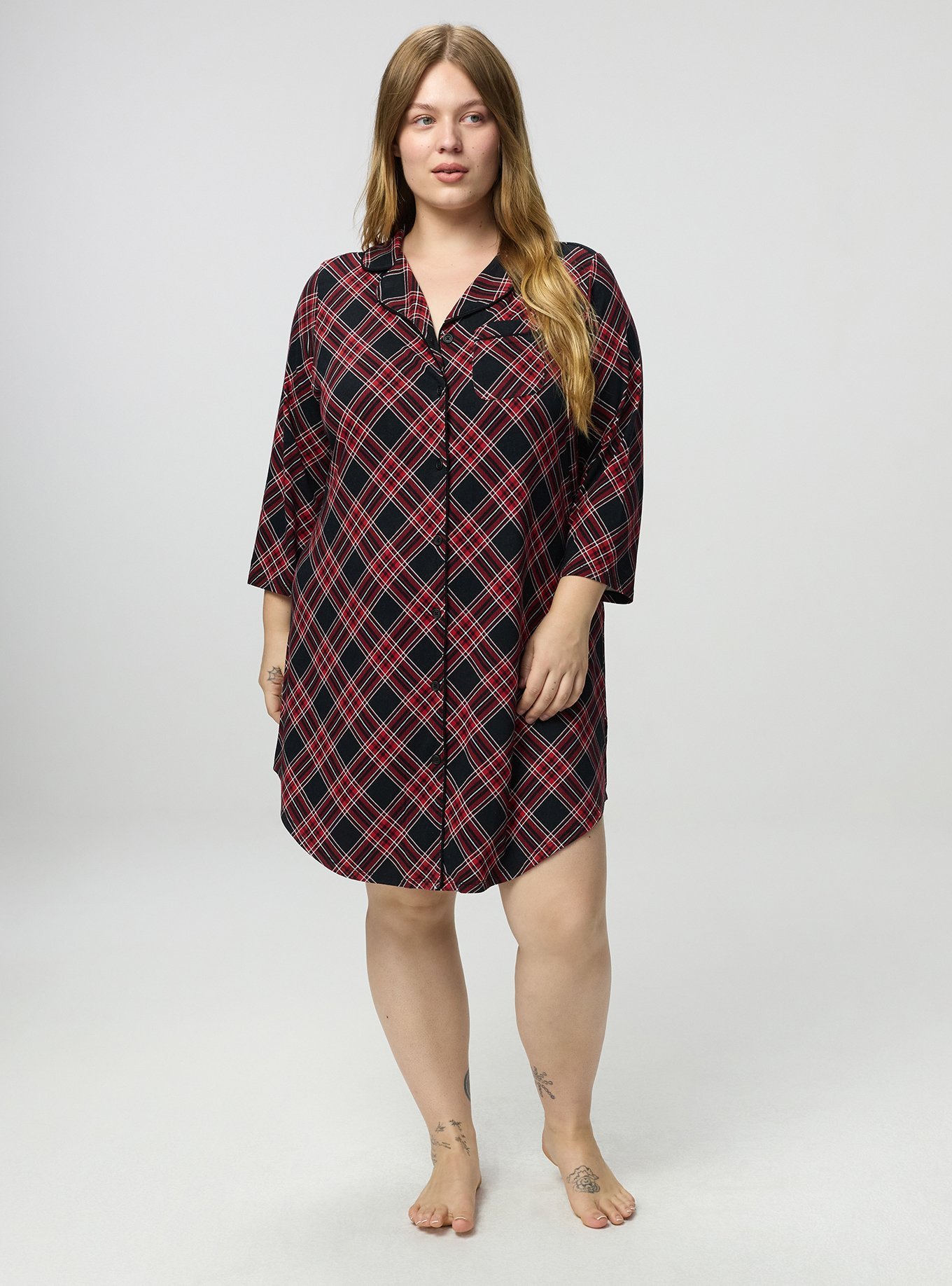 Super Soft Button-Down Sleep Gown, SHALL WE PLAID BLACK, alternate