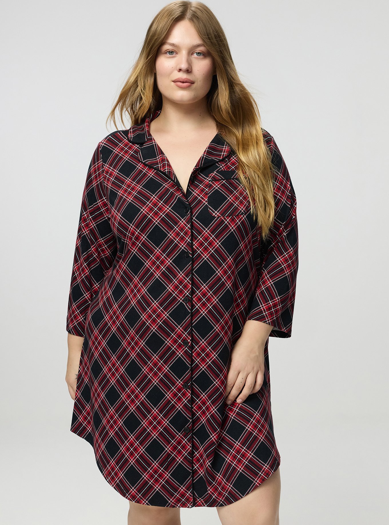 Super Soft Button-Down Sleep Gown, SHALL WE PLAID BLACK, hi-res