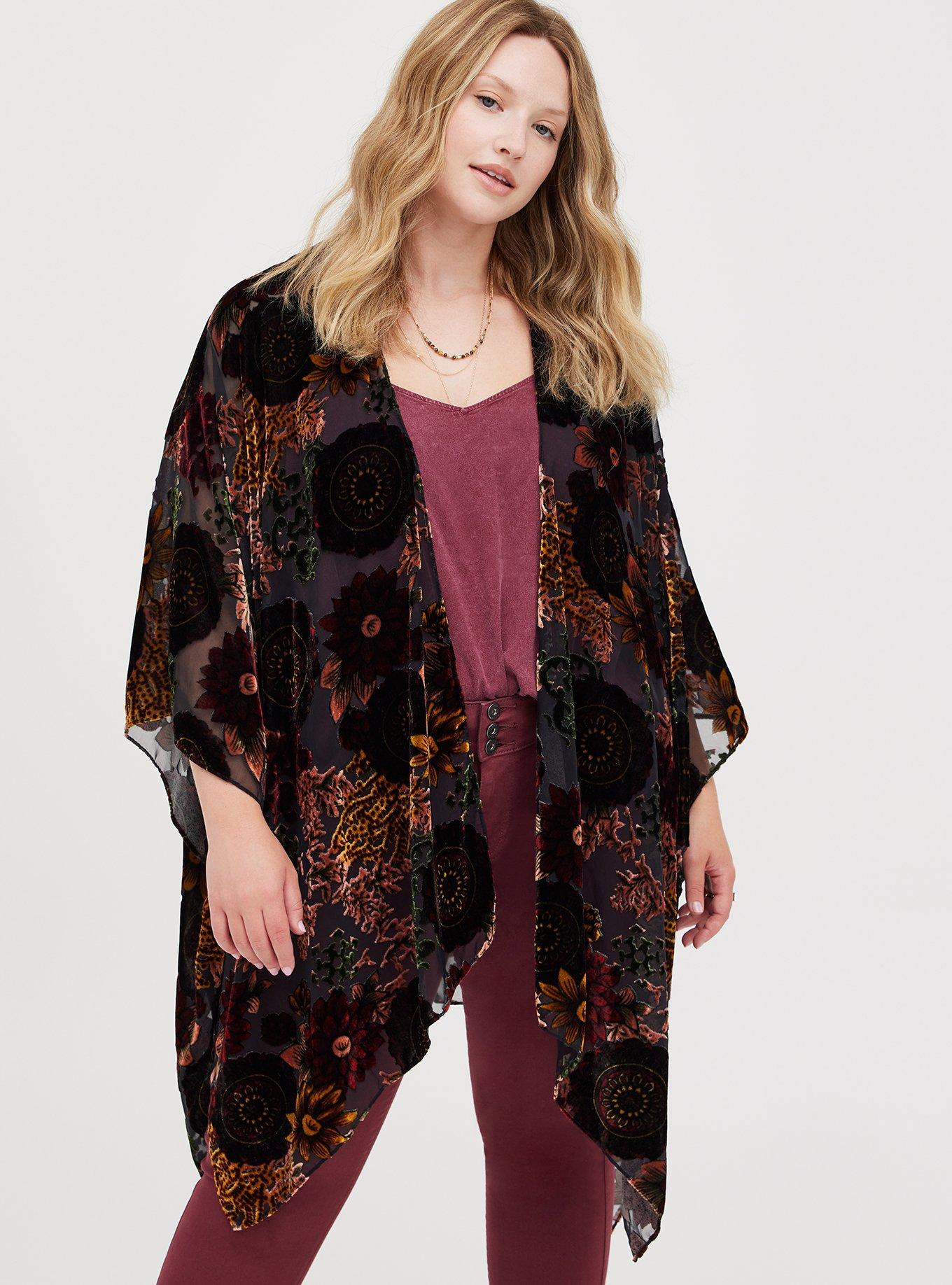 Plus Size - Burnout Ruana - Floral Black & Wine - Torrid