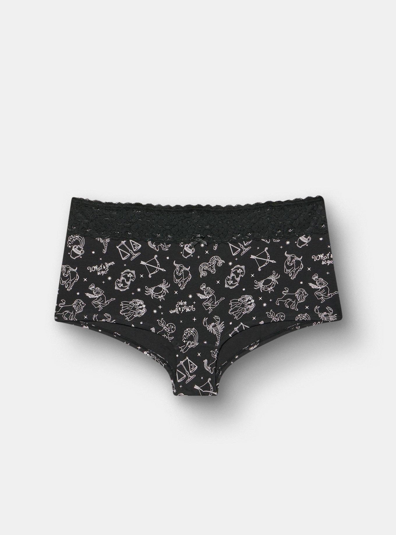 Cotton Mid-Rise Lace Trim Boyshort Panty, WHATS YOUR SIGN RICH BLACK, hi-res