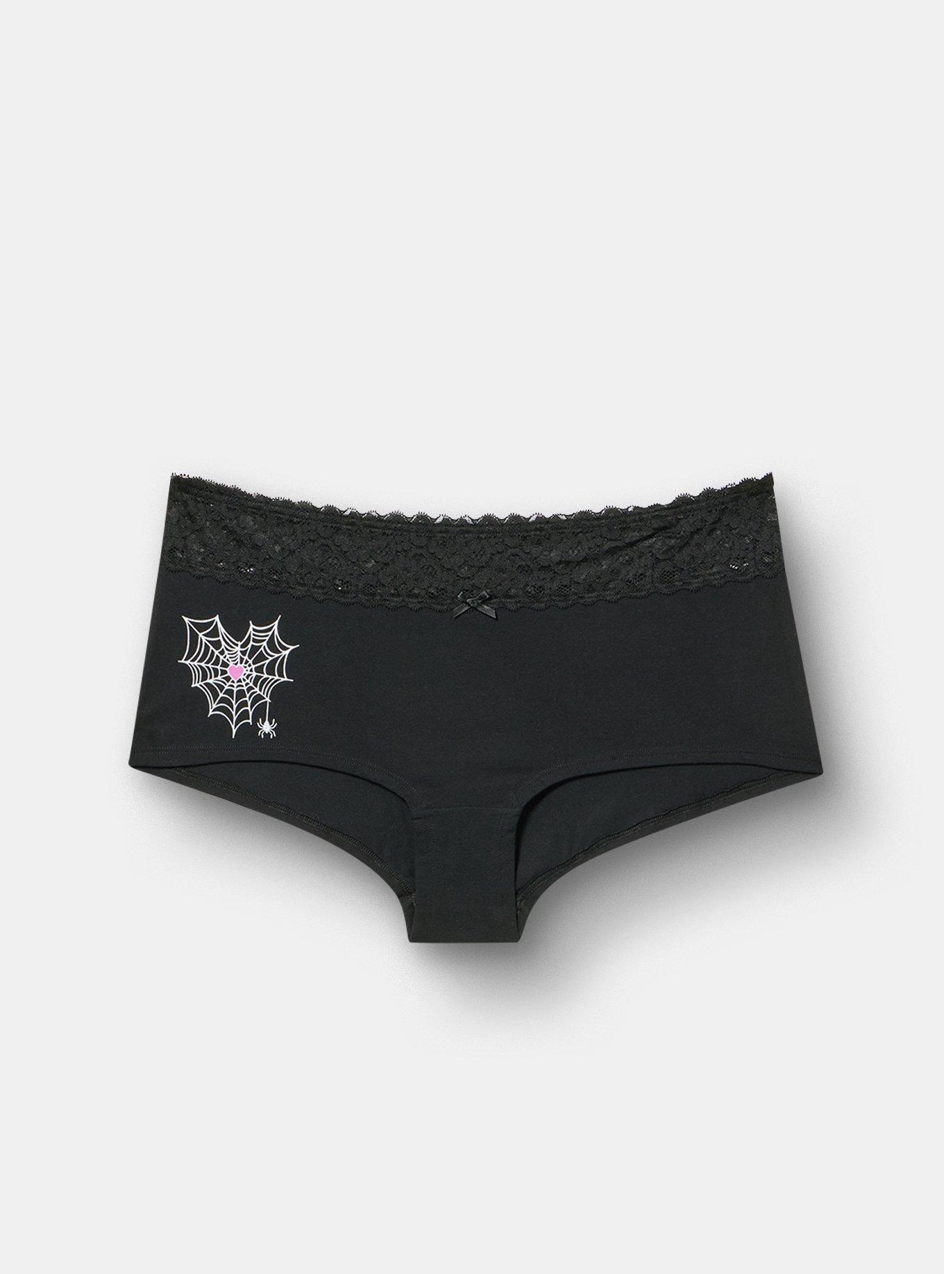 Plus Size Cotton Mid-Rise Lace Trim Boyshort Panty, HEART WEB RICH BLACK, hi-res