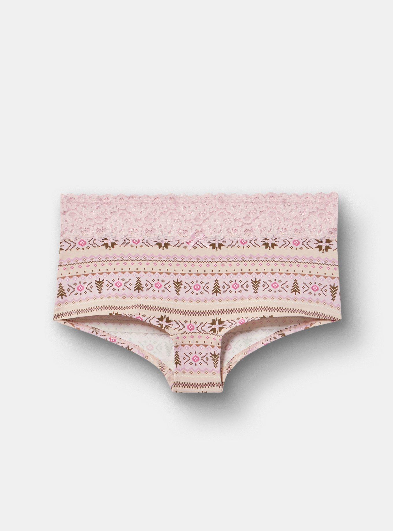 Plus Size Cotton Mid-Rise Lace Trim Boyshort Panty, SOLA FAIRISLE SMALL ROSE DUST, hi-res