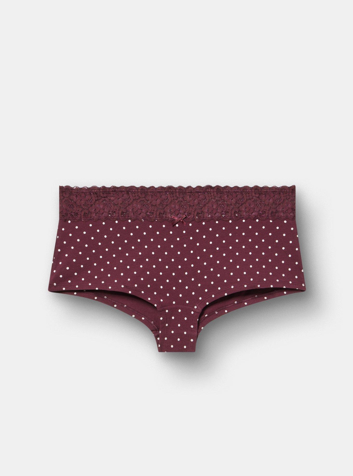 Cotton Mid-Rise Lace Trim Boyshort Panty, CHIC DOT WINETASTING, hi-res