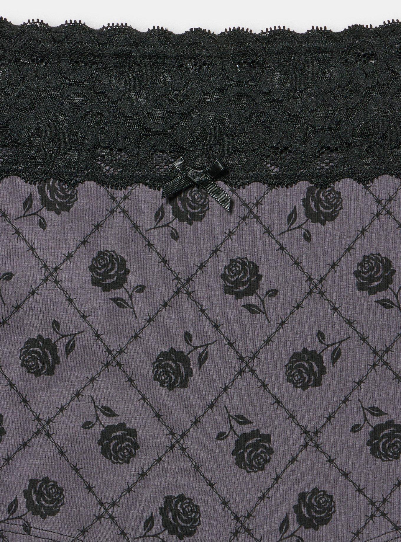 Cotton Mid-Rise Lace Trim Boyshort Panty, ROSE GRID BLACK, alternate