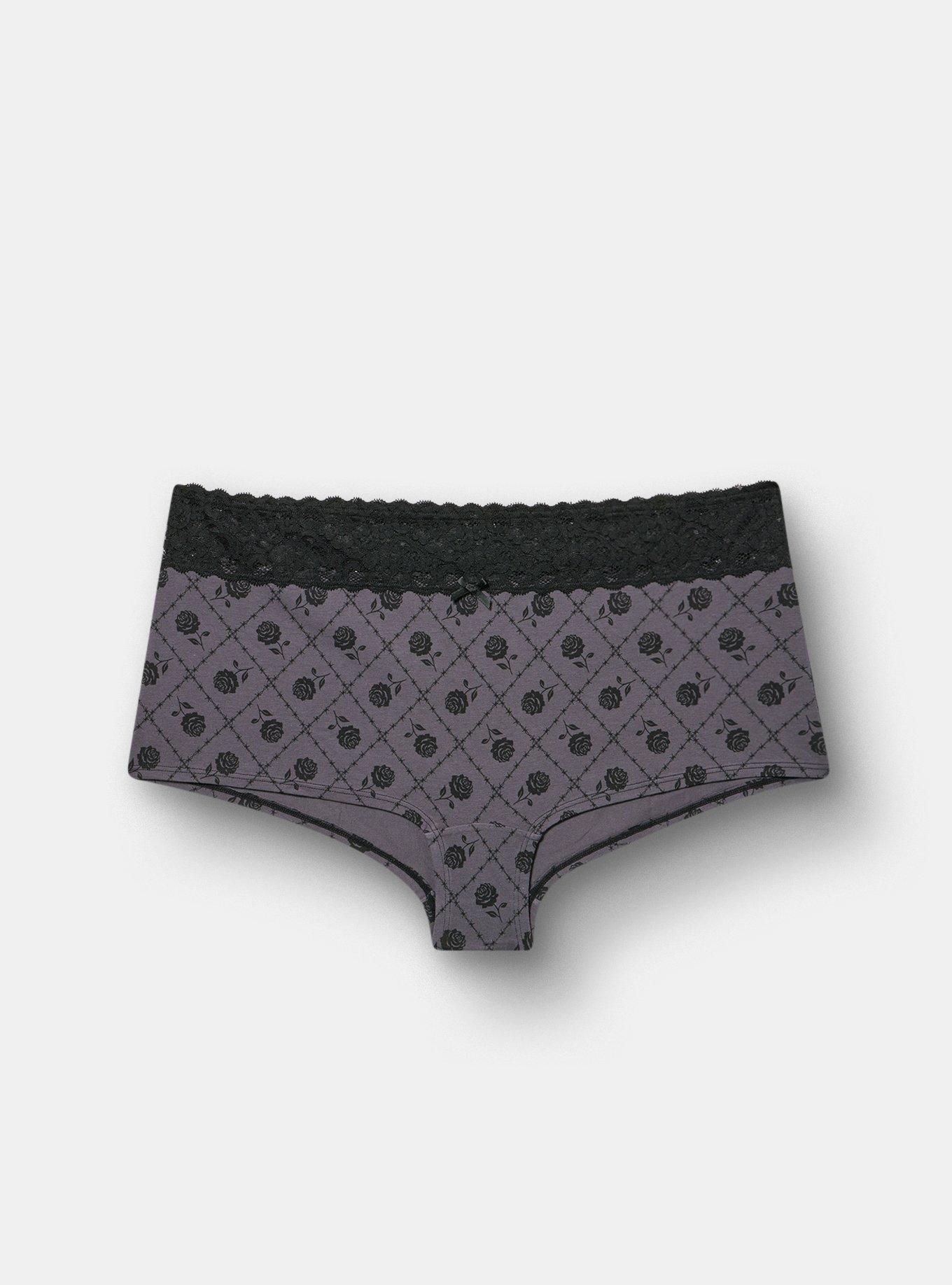Cotton Mid-Rise Lace Trim Boyshort Panty, ROSE GRID BLACK, hi-res