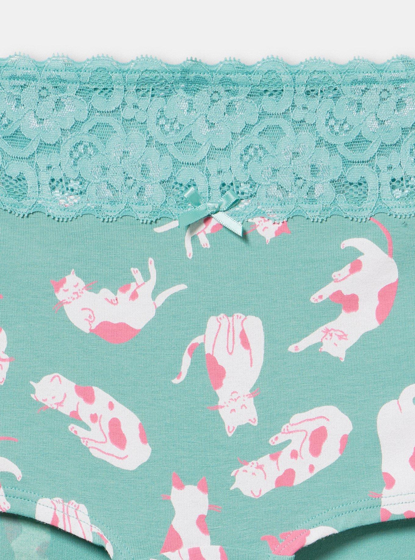 Cotton Mid-Rise Lace Trim Boyshort Panty, PURR KITTIES GREEN, alternate