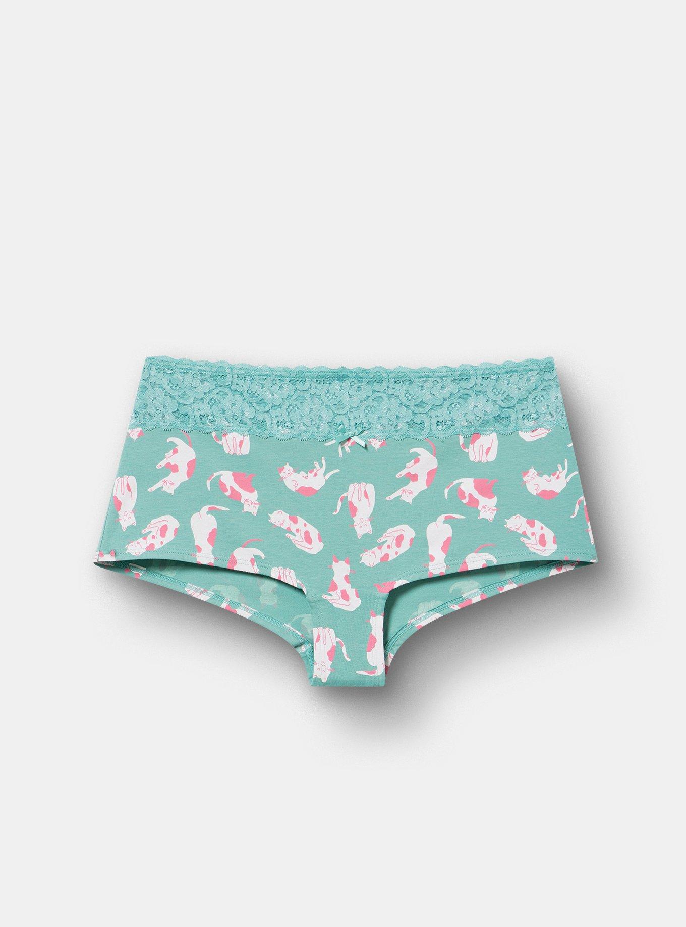 COTTON MID RISE BOYSHORT LACE TRIM PANTY, PURR KITTIES GREEN, hi-res