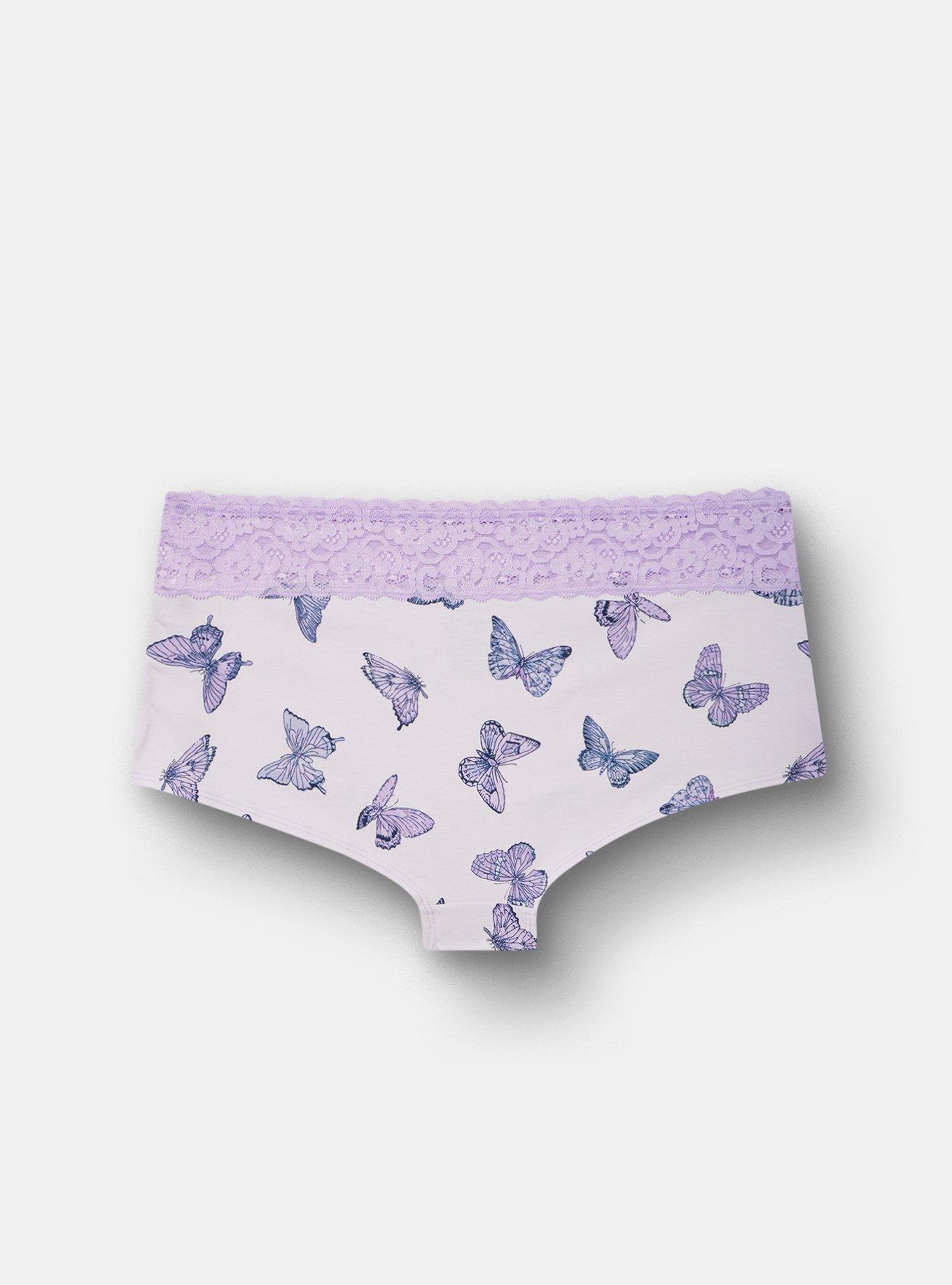 Cotton Mid-Rise Lace Trim Boyshort Panty, HUE BUTTERFLIES LAVENDER, alternate