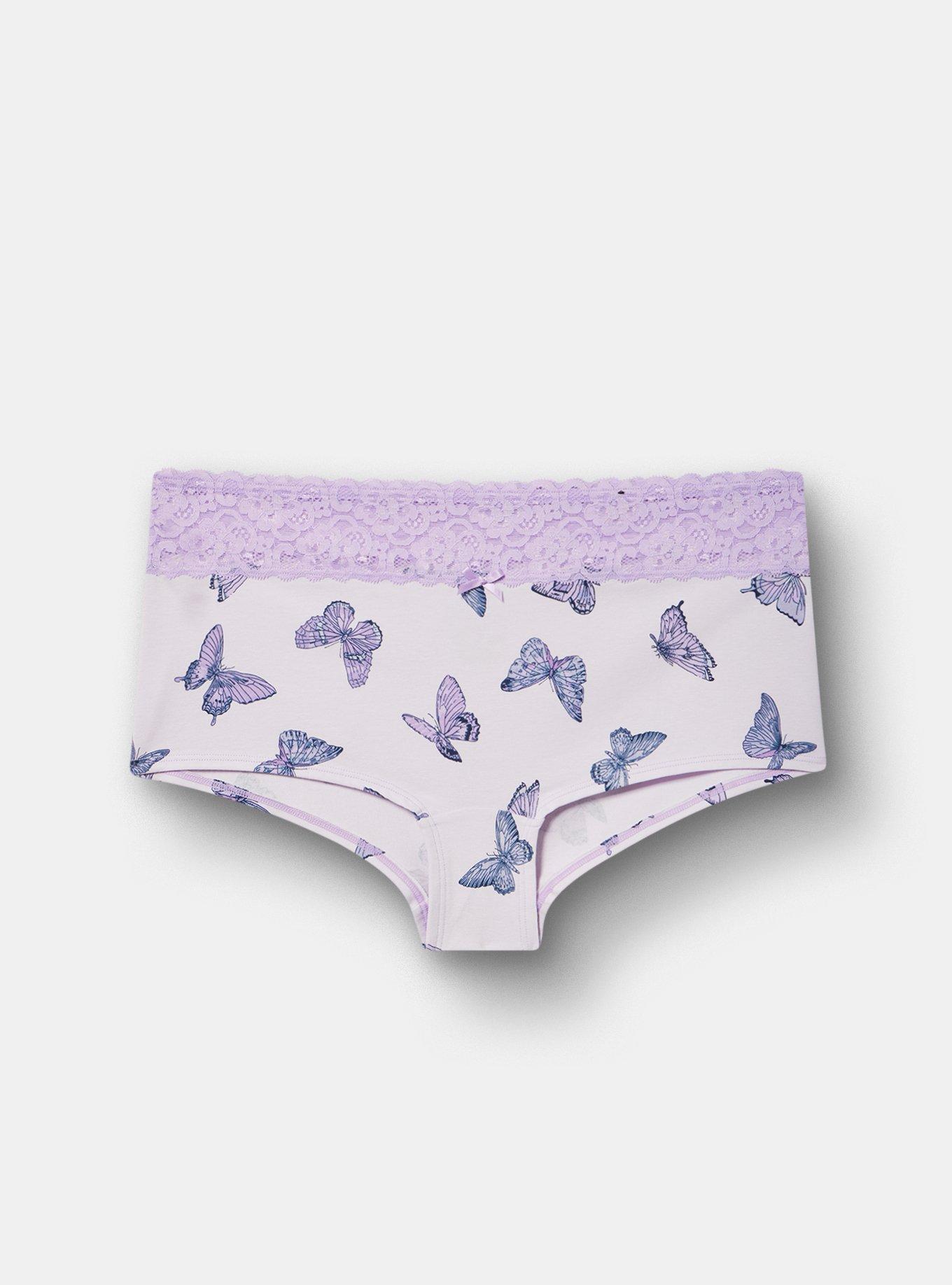 COTTON MID RISE BOYSHORT LACE TRIM PANTY, HUE BUTTERFLIES LAVENDER, hi-res