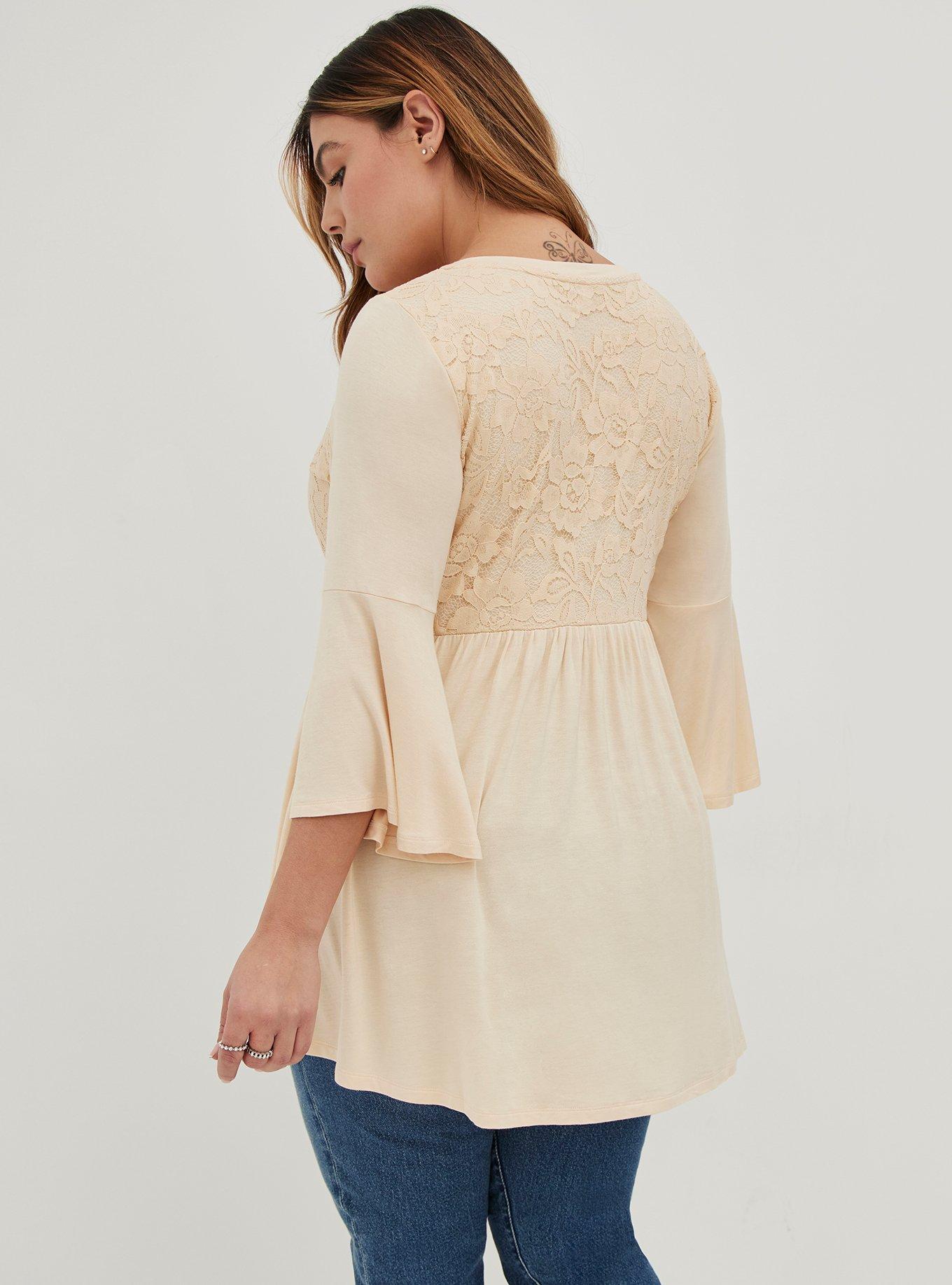 Babydoll Knit V-Neck Lace Bodice Flare Sleeve Top, GREY, alternate