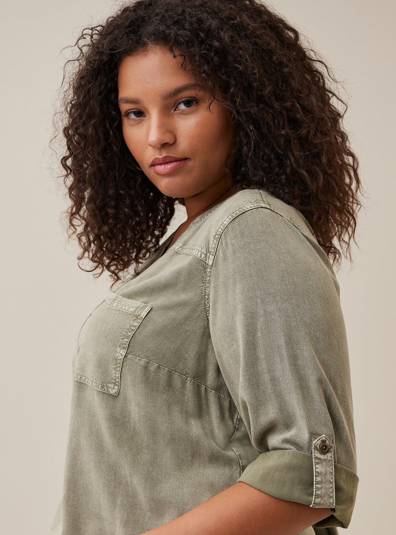 Plus Size Harper Pullover Blouse - Stretch Challis Olive Mineral Wash, DUSTY OLIVE, alternate