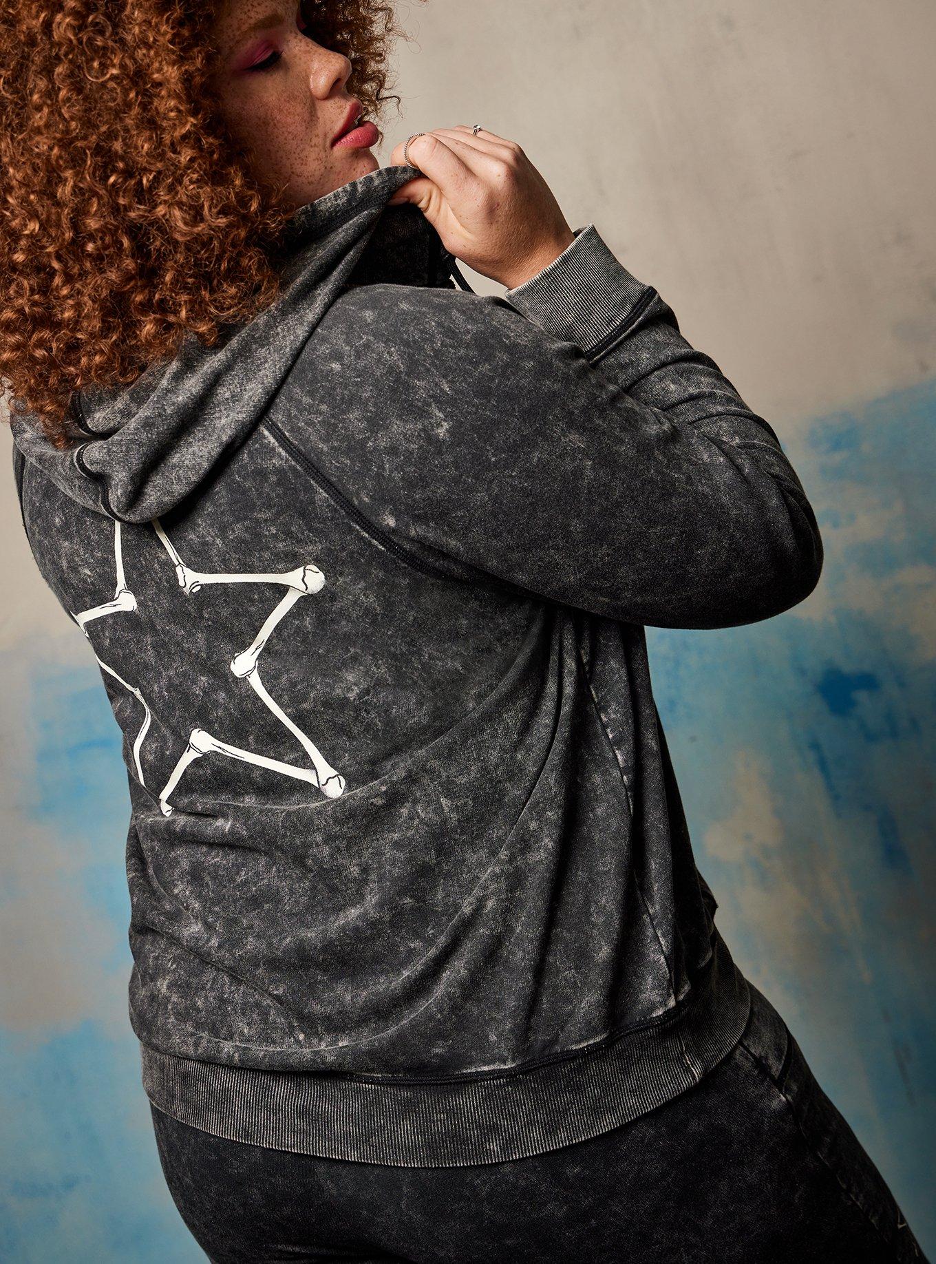 Plus Size - Zip-Up Hoodie - LoveSick Star Skeleton Acid Wash Black