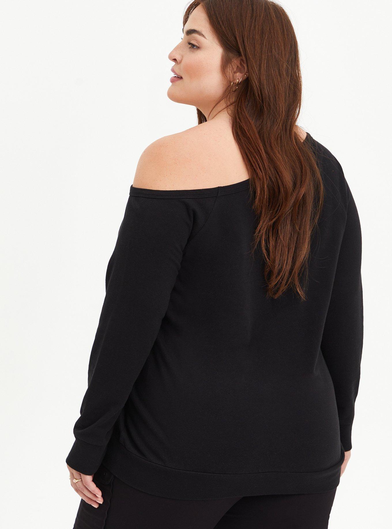 Off Shoulder Sweatshirt - Cozy Fleece Skull Black , DEEP BLACK, alternate