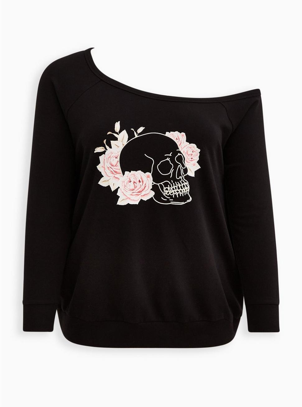 Off Shoulder Sweatshirt - Cozy Fleece Skull Black , DEEP BLACK, hi-res