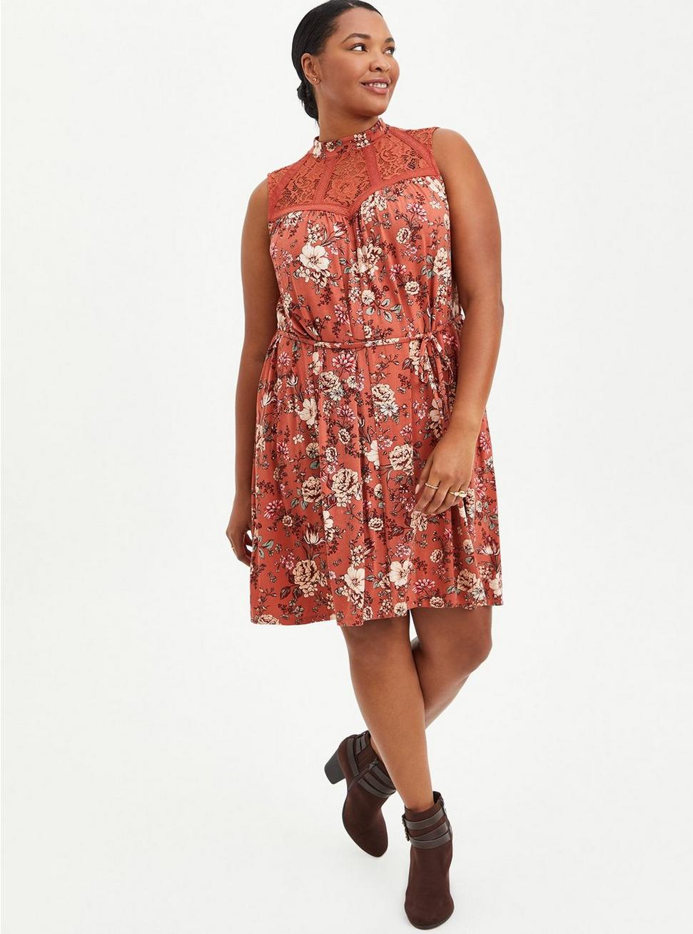 Plus Size Trapeze Mini Dress - Super Soft Floral Rust , FLORAL RED, hi-res