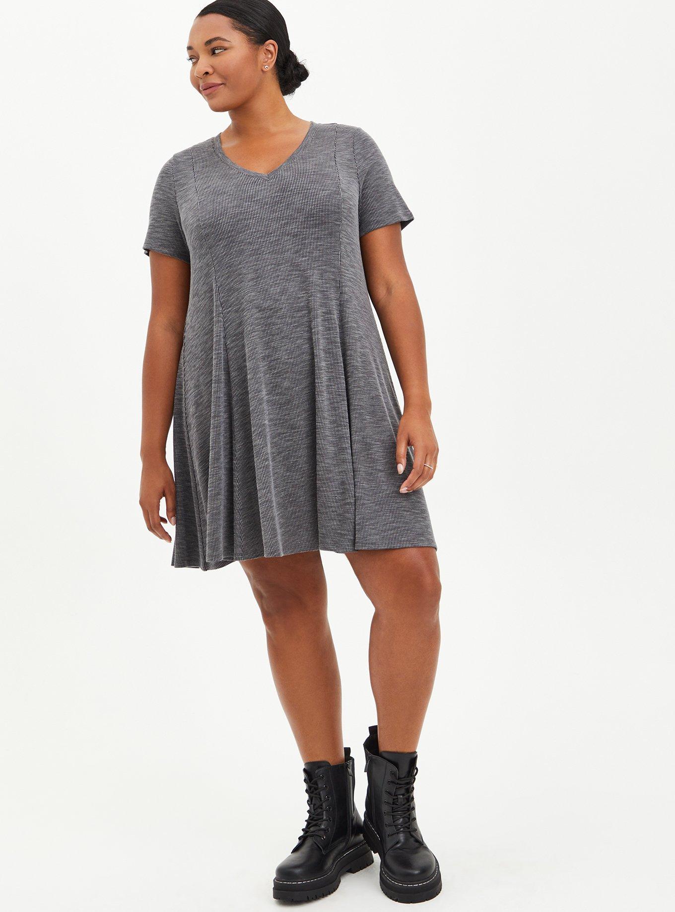 Plus Size Mini Rib Knit Fit And Flare Dress, CHARCOAL, alternate