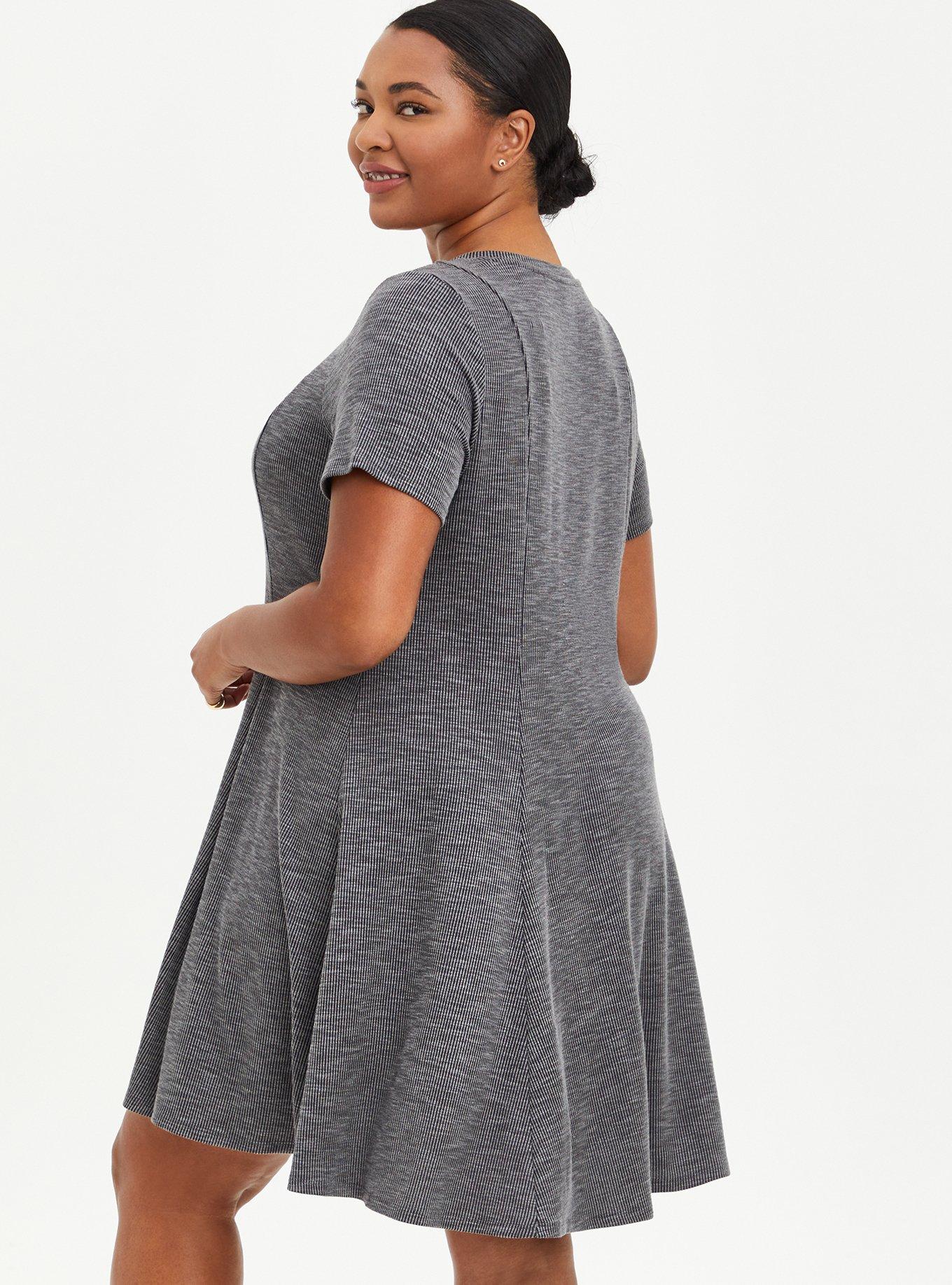 Plus Size Mini Rib Knit Fit And Flare Dress, CHARCOAL, alternate