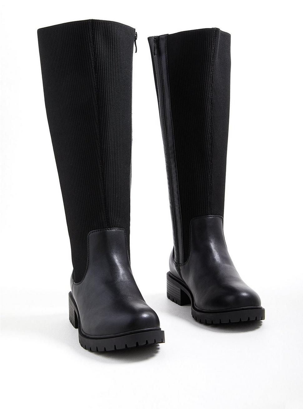 Stretch Ribbed Knee Boot - Black Faux Leather (WW), BLACK, alternate