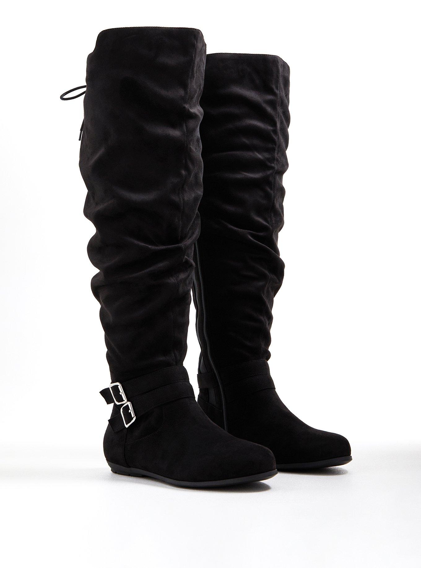 Plus Size Double Buckle Over-The-Knee Boot - Faux Suede Black (WW), BLACK, alternate