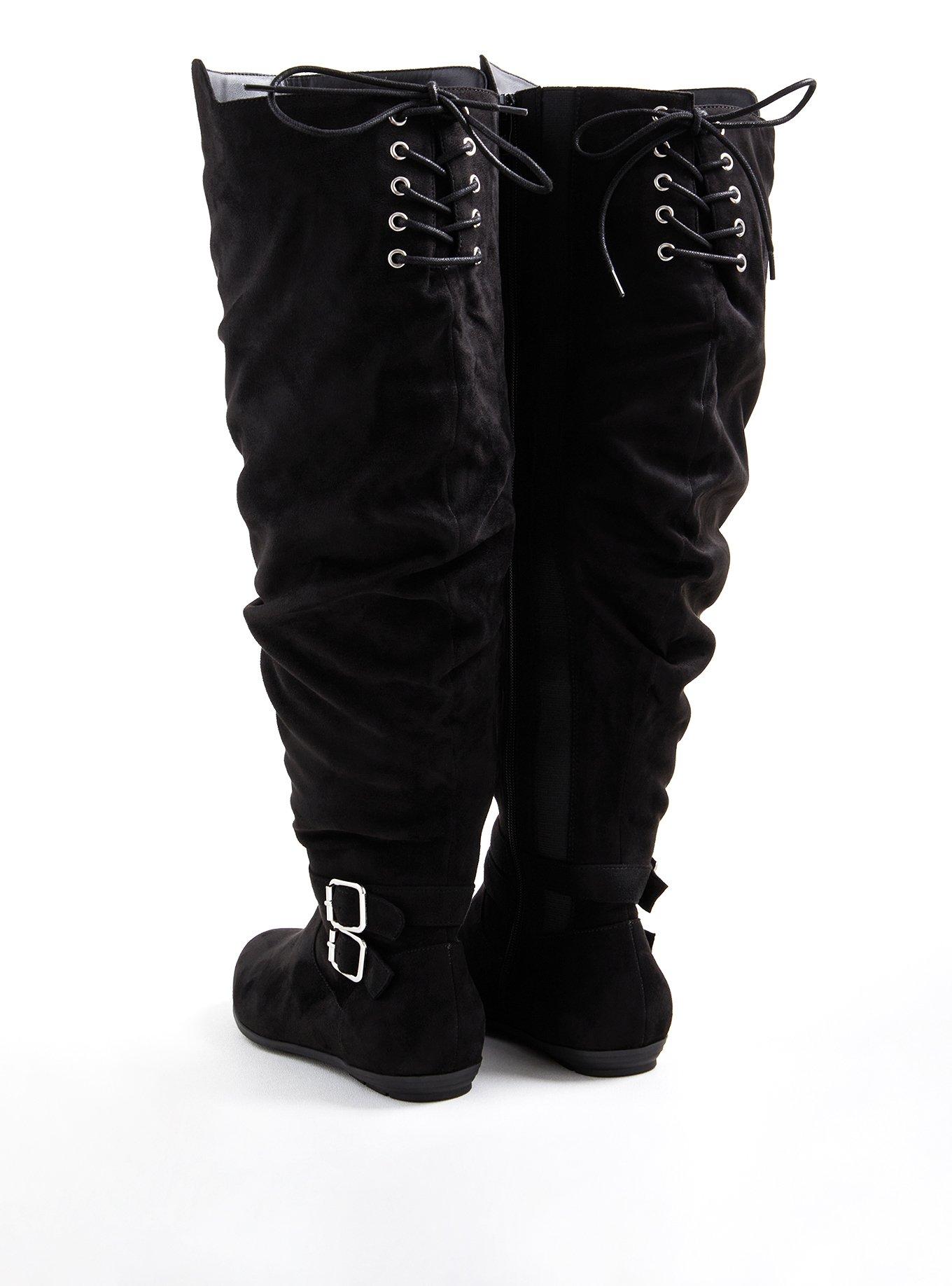 Plus Size Double Buckle Over-The-Knee Boot - Faux Suede Black (WW), BLACK, alternate