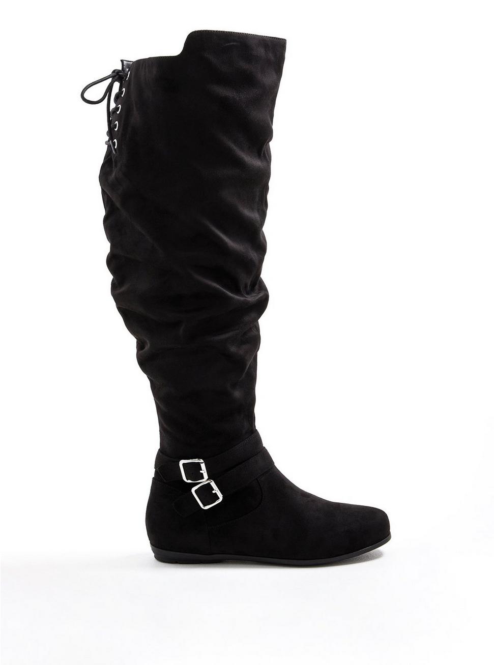 Plus Size Double Buckle Over-The-Knee Boot - Faux Suede Black (WW), BLACK, alternate