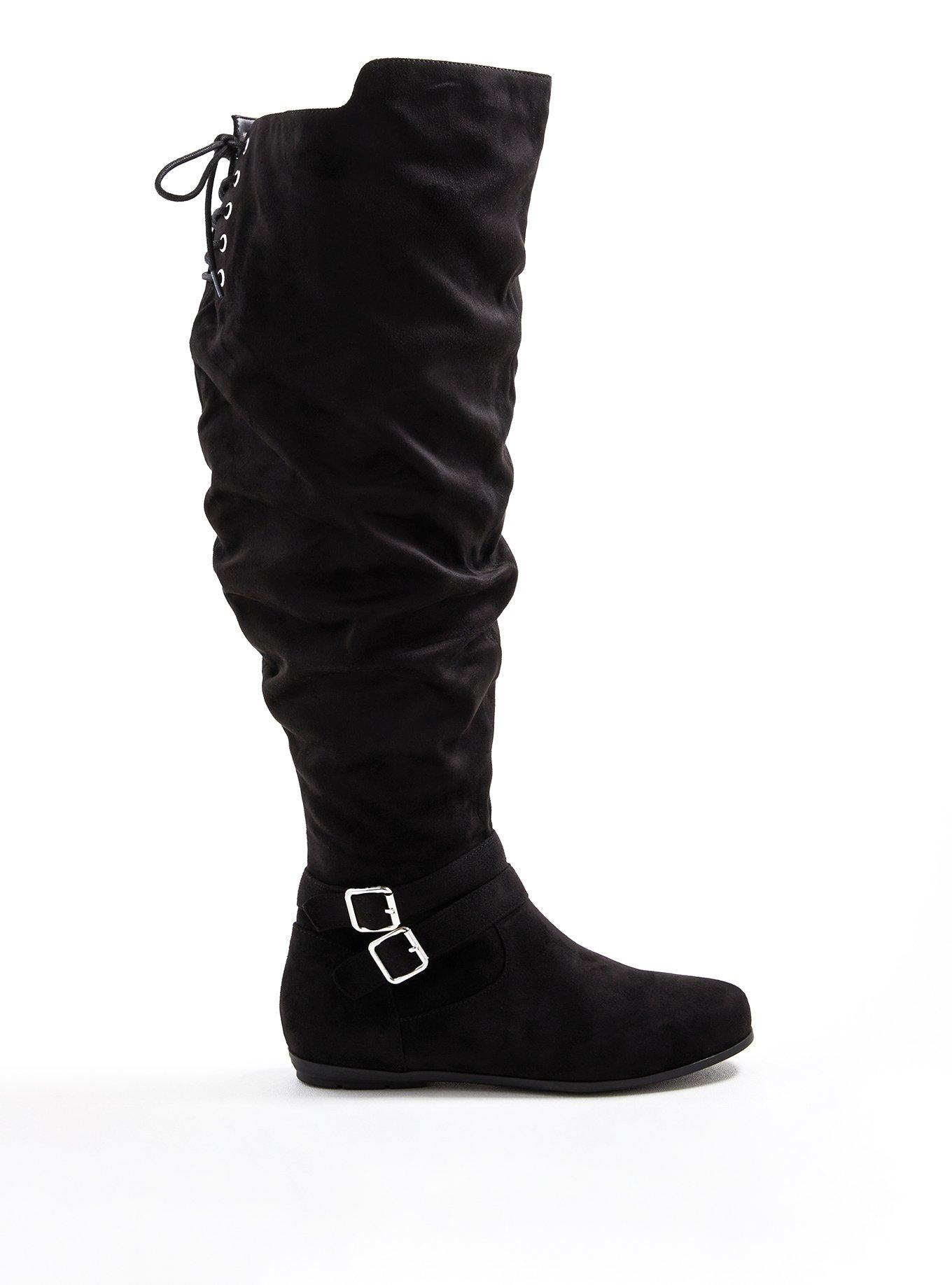 Plus Size Double Buckle Over-The-Knee Boot - Faux Suede Black (WW), BLACK, alternate