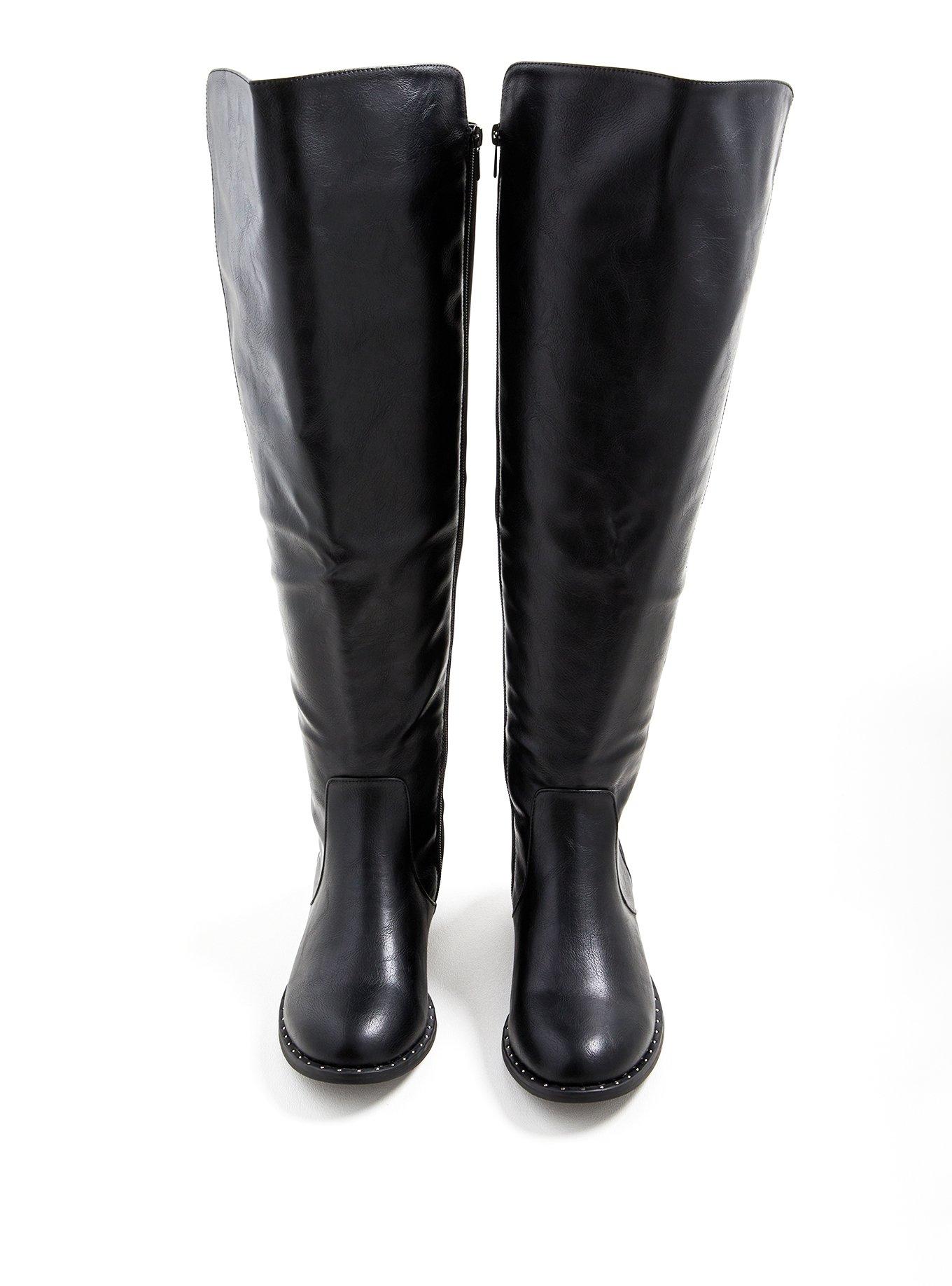 Plus Size Black Faux Leather Studded Welt Over The Knee Boot (WW), BLACK, alternate
