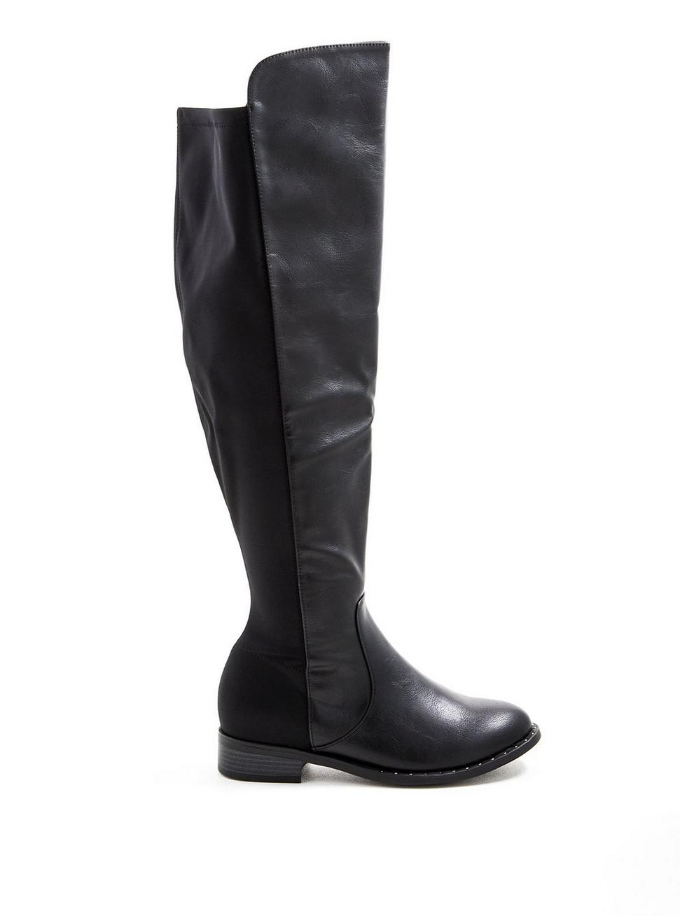 Plus Size Black Faux Leather Studded Welt Over The Knee Boot (WW), BLACK, hi-res