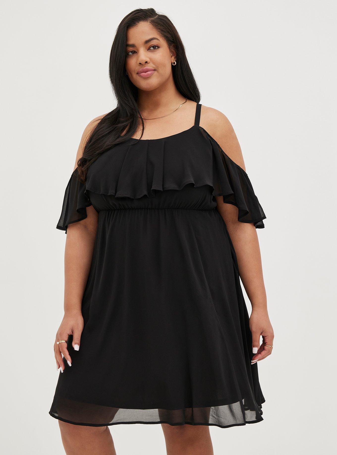 Mini Chiffon Coldshoulder Skater Dress, DEEP BLACK, alternate