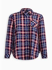Plus Size Lizzie Rayon Twill Button-Up Long Sleeve Shirt, PLAID NAVY, hi-res
