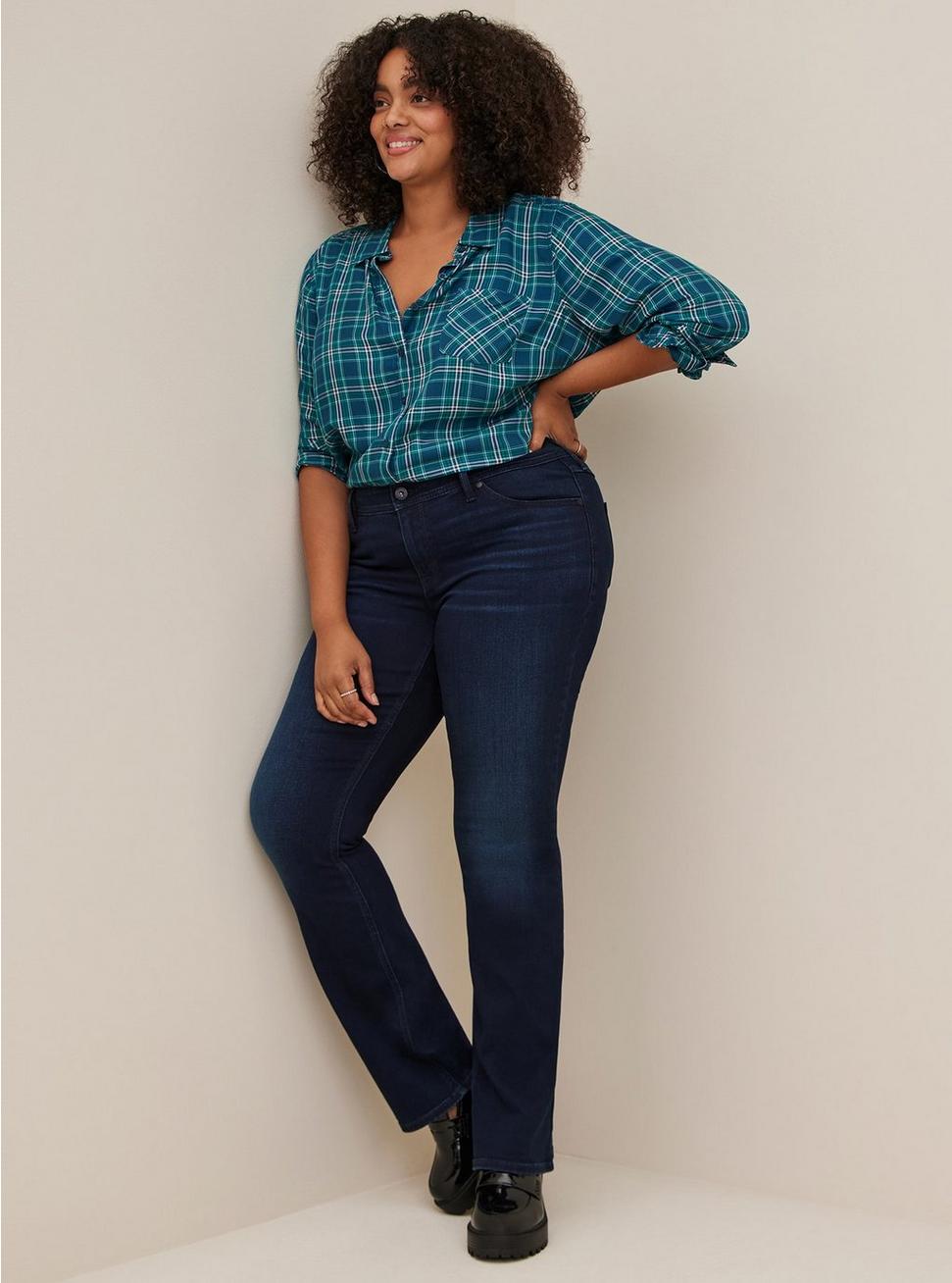Lizzie Rayon Twill Button-Up Long Sleeve Shirt, PLAID TEAL, alternate