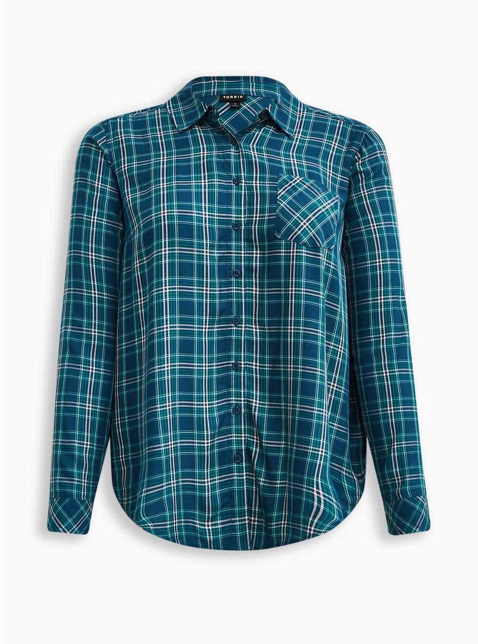 Lizzie Rayon Twill Button-Up Long Sleeve Shirt, PLAID TEAL, hi-res