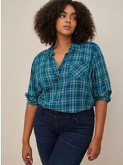 Lizzie Rayon Twill Button-Up Long Sleeve Shirt, PLAID TEAL, hi-res