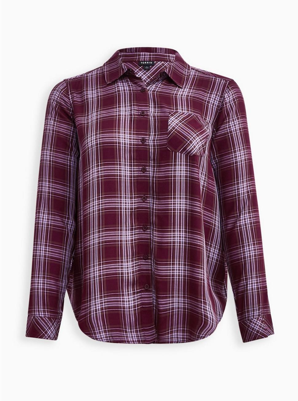 Lizzie Rayon Twill Button-Up Long Sleeve Shirt, BUNDLE UP PLAID, hi-res