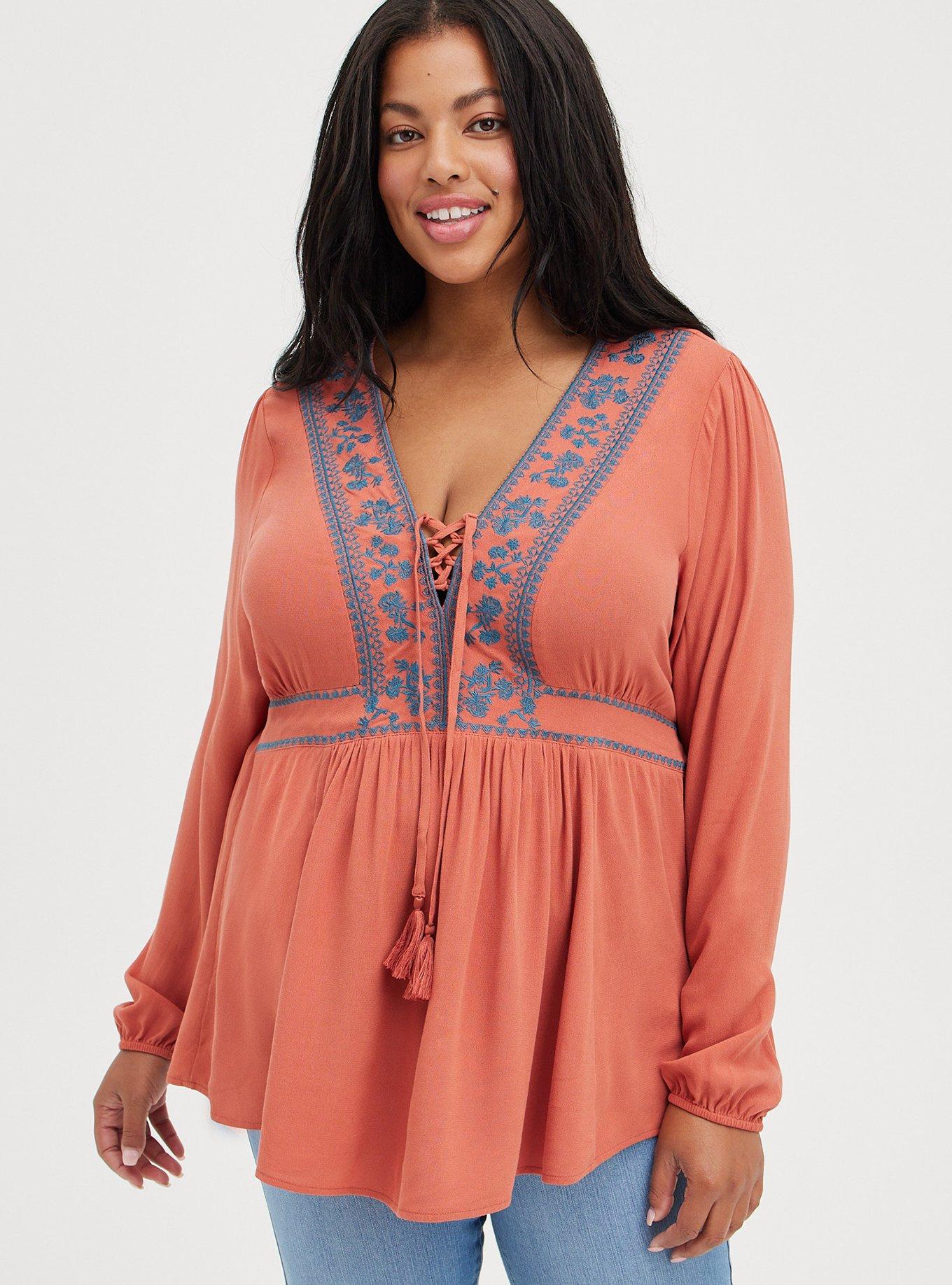 Plus Size - Babydoll Rayon Crepe Embroidered Lace-Up Top - Torrid