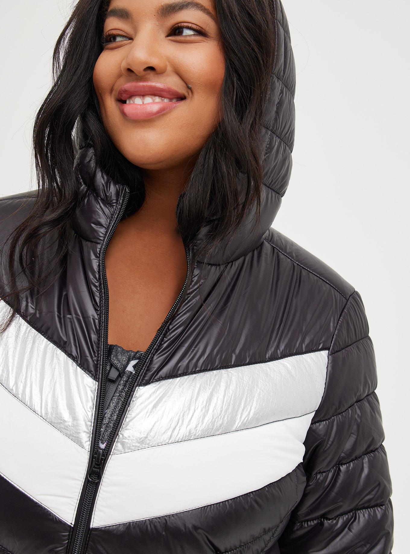 Plus Size Lightweight Packable Puffer Jacket - Nylon Chevron Black, DEEP BLACK, alternate