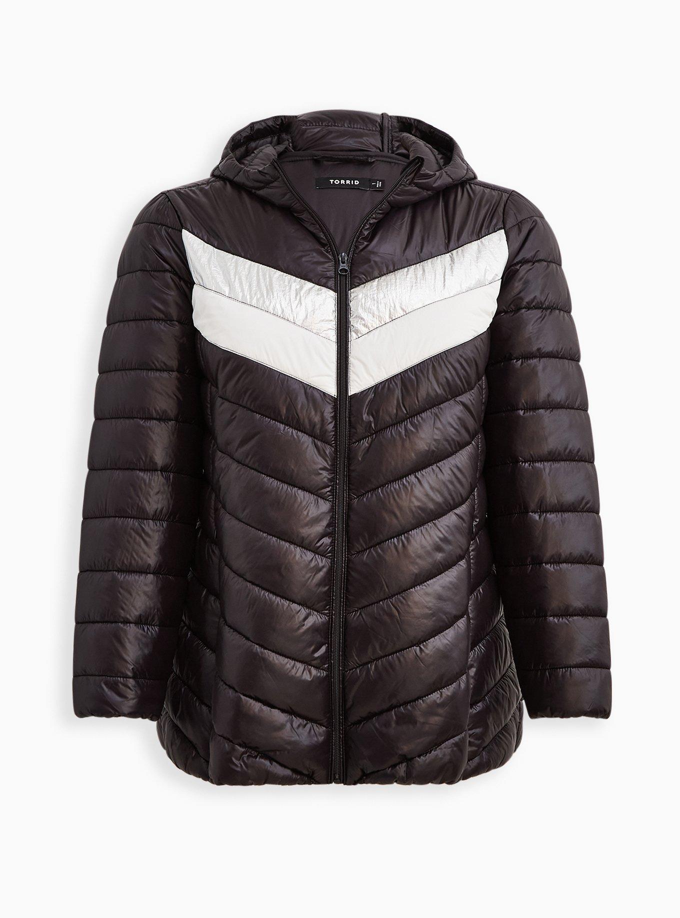 Plus Size Lightweight Packable Puffer Jacket - Nylon Chevron Black, DEEP BLACK, hi-res