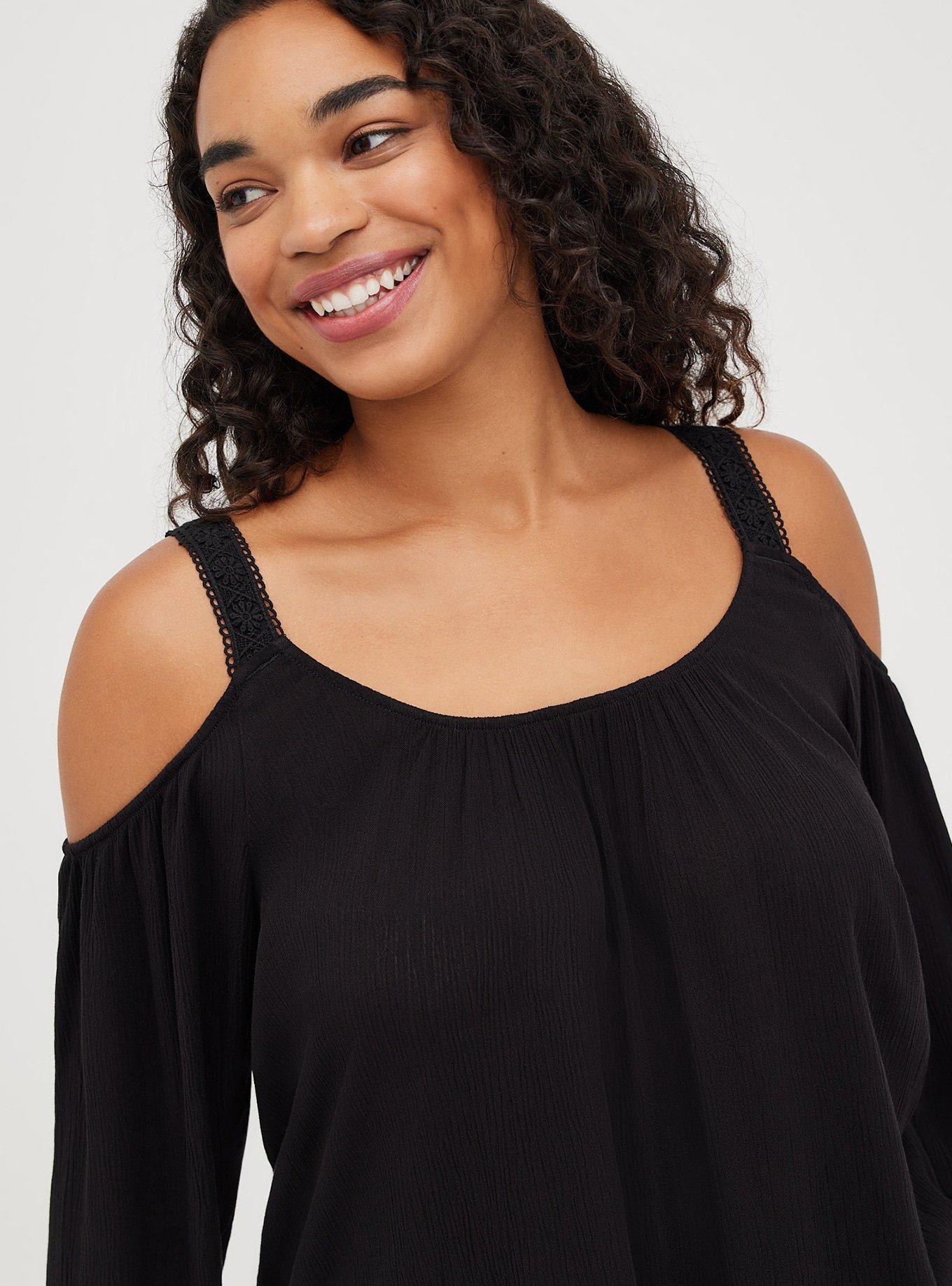 Plus Size - Crinkle Gauze Lace Trim Cold Shoulder Top - Torrid